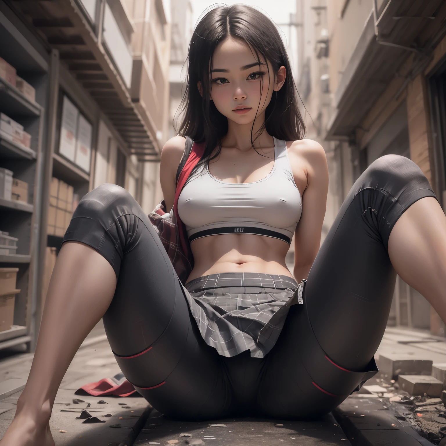 (Photographed with Canon EOS R5,Canon EF 24-70mm f/2.8L II,LED panel) , realistic photo, BREAK,
solo focus, (full body shot:1.4), BREAK,
BREAK, (Photo of a person seen from the front :1.5),
(1girl, flat chest :1.4), (high resolution detail of human skin texture : 1.5), (eyes are red and swollen),
(1 Japanese girl ), brown eyes, nipples, hetero, parted lips, looking at viewer, (spread legs widely:1.5),
flat chest, skinny body, lips, ( :1.5),
perfectly proportions, breasts, brown short hair,
BREAK,
(wearing sports bra, wearing short spats pants under skirt :1.4), (Bare legs:1.4), (black short spats pants:1.4),(plaid skirt:1.4),
(Do not expose upper body, Do not take off skirt:1.4),
BREAK,
(sitting down :1.5),
BREAK, (outdoors, rocky place),
BREAK,