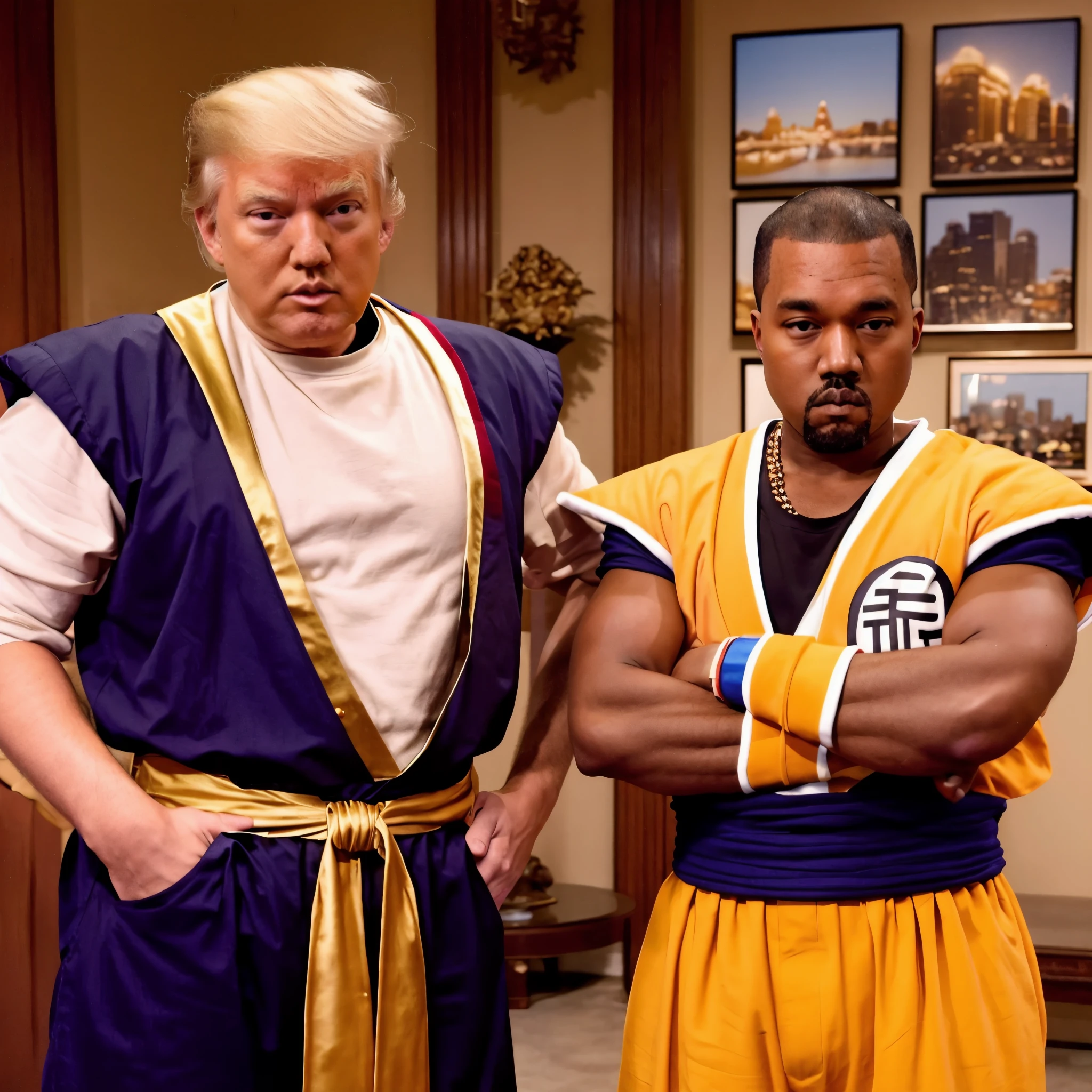 Photo of Donald Trump standing next to Kanye West, both are dressed as Saiyans, Dragon Ball Outfit, cinematic lighting