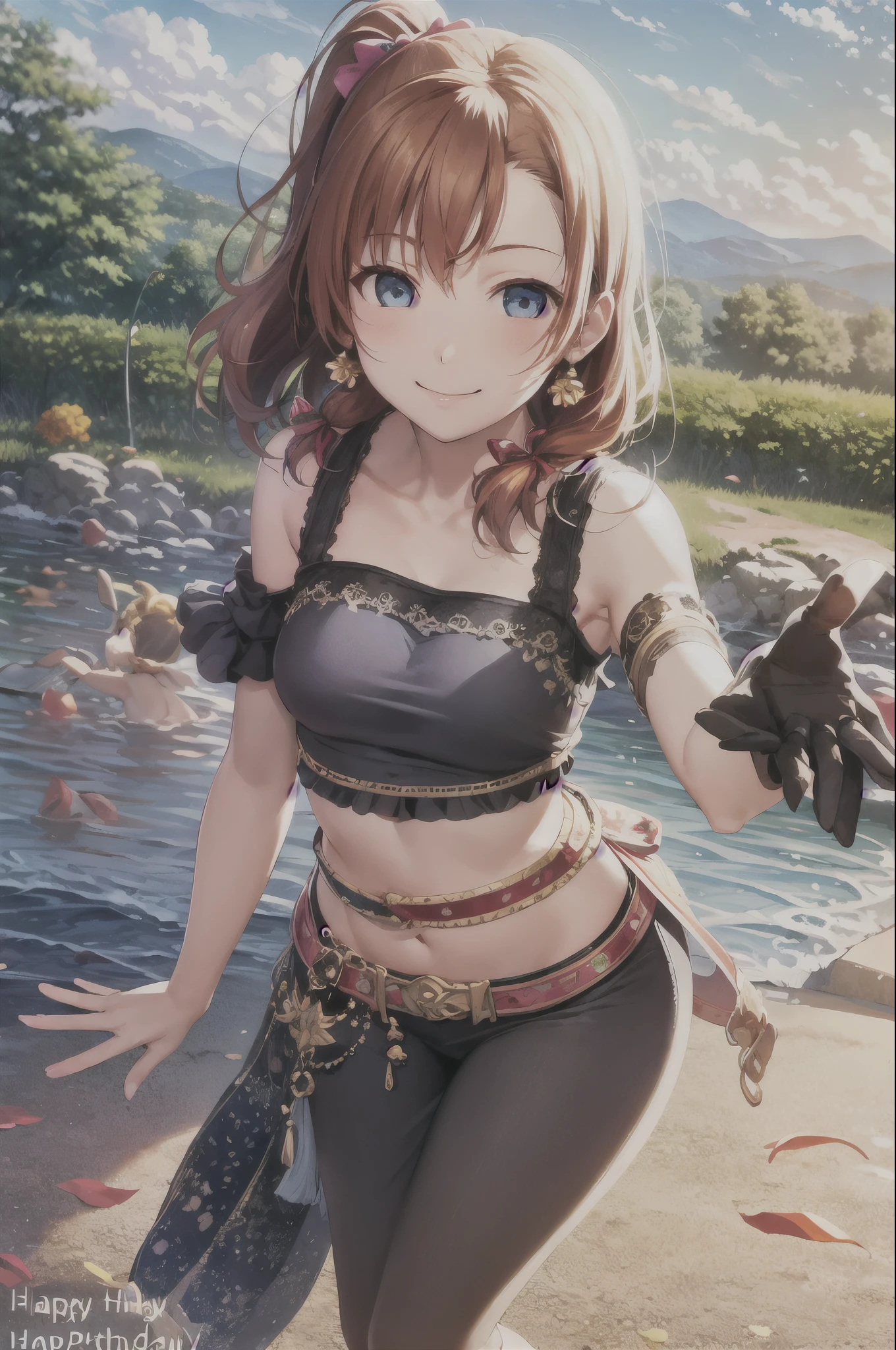 ultra high resolution, highest quality, photograph,one girl、 4k, (realistic:1.4), ponytail、Girl with side ponytail on the right side of the head, Honoka Kosaka、blue eyes、、date、blue sky、Smiling innocently、happy expression、(People and landscape ratio 3:1)、idol costume、sing、singer、sing in the flower garden、big breasts、happy birthday、Celebrates、Party