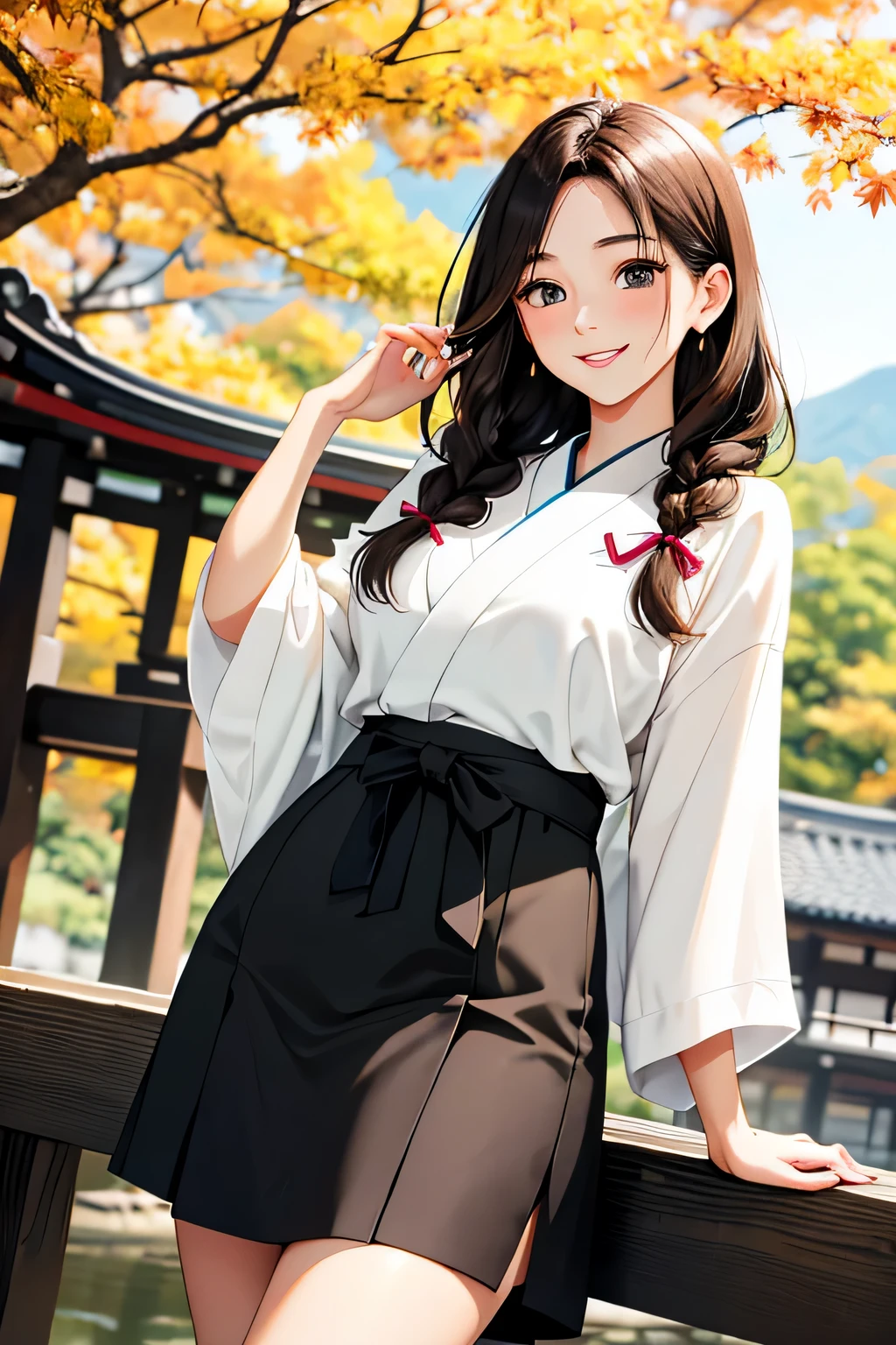 highest quality、Ultra high definition、detailed background、masterpiece、anatomically correct、detailed face、Detailed beautiful face、cute beautiful girl in her 20s、brown hair、cute braided hairstyles、braided bob、huge breasts、realistic、perfect body line、Calm atmosphere、Express yourself with confidence、attractive、
(He looks very happy and is enjoying his trip.:1.5)、
This outfit combines autumnal textures with femininity.、
The knitted skirt maintains warmth while creating a fluffy silhouette that creates a cute look.、
The blouse gives an elegant impression and enhances the seasonal feel with autumn-like materials and patterns.、
Add some boots or pumps to accentuate your femininity.、
Kyoto, known for its beautiful autumn leaves, is rich in traditional Japanese culture and architecture.、We also recommend visiting temples such as Kiyomizu-dera and Kinkaku-ji, and strolling Arashiyama and Tetsugaku no Michi to enjoy the autumn leaves.、cute