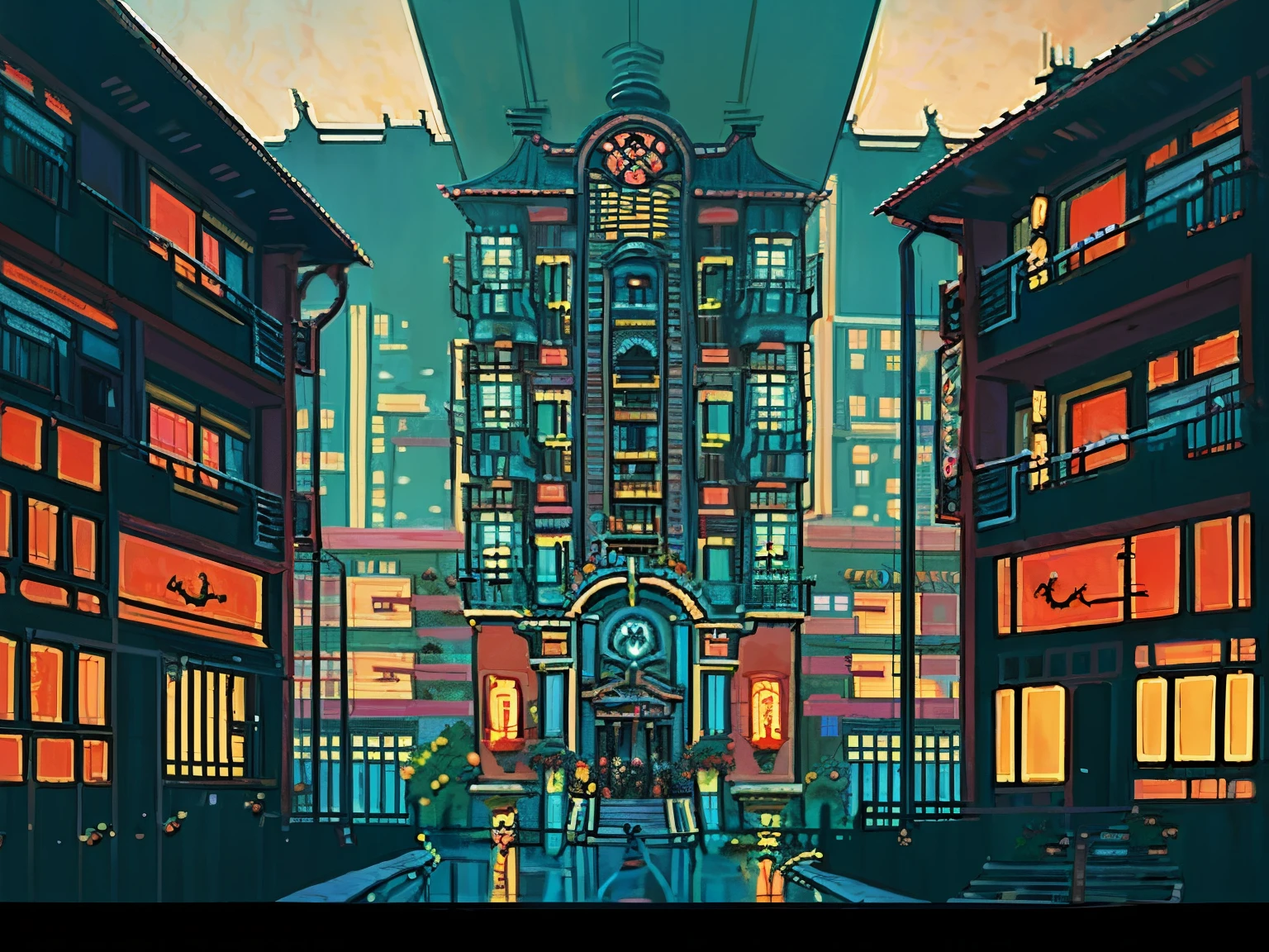 DVD screengrab from studio ghibli movie, (horror modern apartment complex:1.4), retro anime, less saturated colors, ground floor