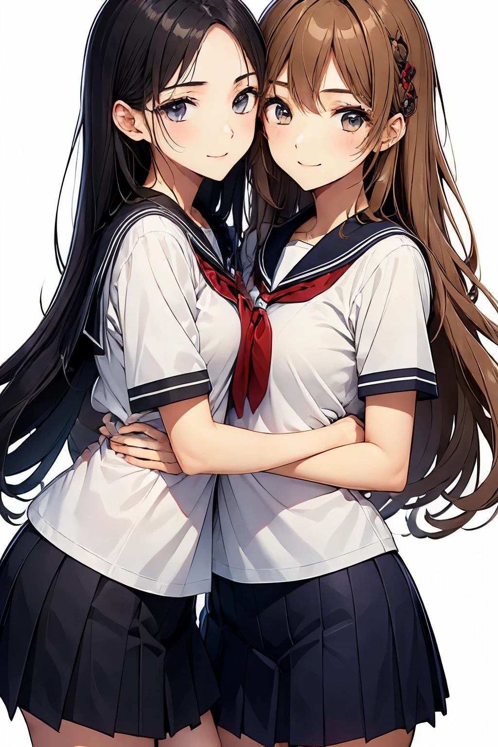 Two high school girls hugging each other、seductive smile、