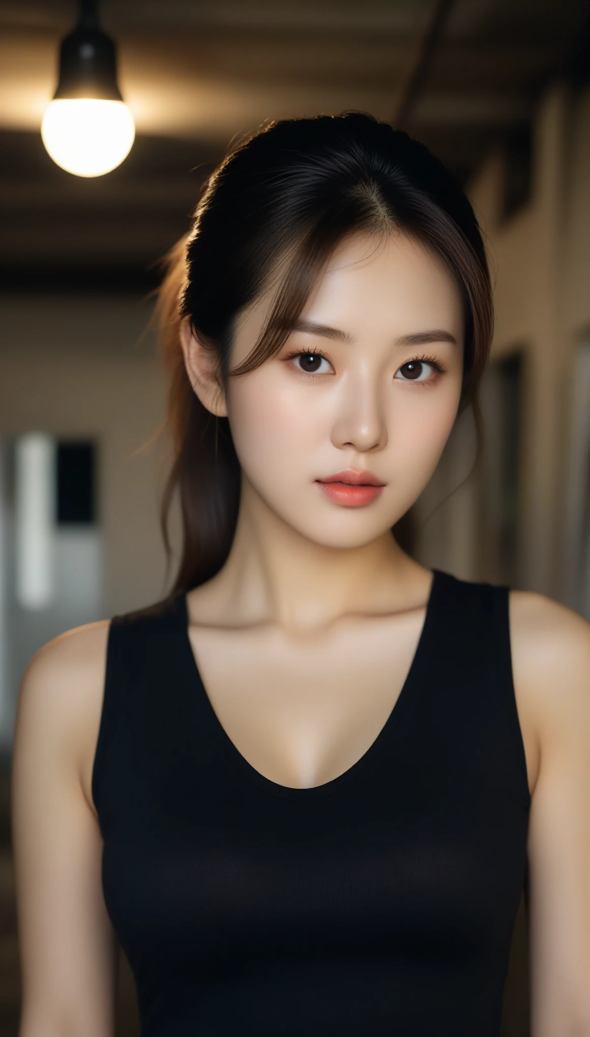close-up of cute korean female, 36 breasts size, taking selfie, making puffy cheeks, wearing tank top, shorts, bokeh background, Uhd