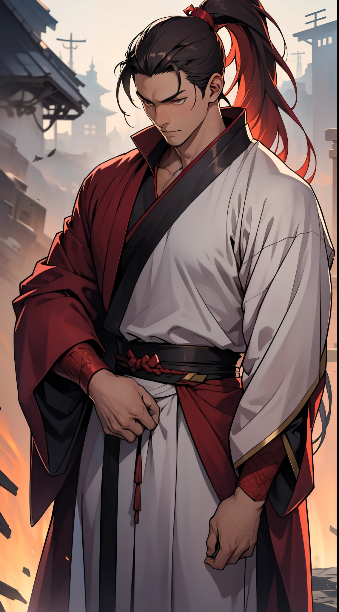 two-dimensional,anime style,one person(male warrior),Correct proportions,facial details,swordsman,High ponytail hairstyle,neck details,There is an Adam'apple,red robe,joke,red robe,clothing details,long sleeve,Game quality,fencing,Ray tracing,Ray tracing,Delicate glow,CG rendering,Hair details,long red hair,Red eyes,Handsome,Handsome,(feeling of youth),Costumes are complicated,perfect composition,refine,high quality,More details,complex background,a sense of atmosphere,