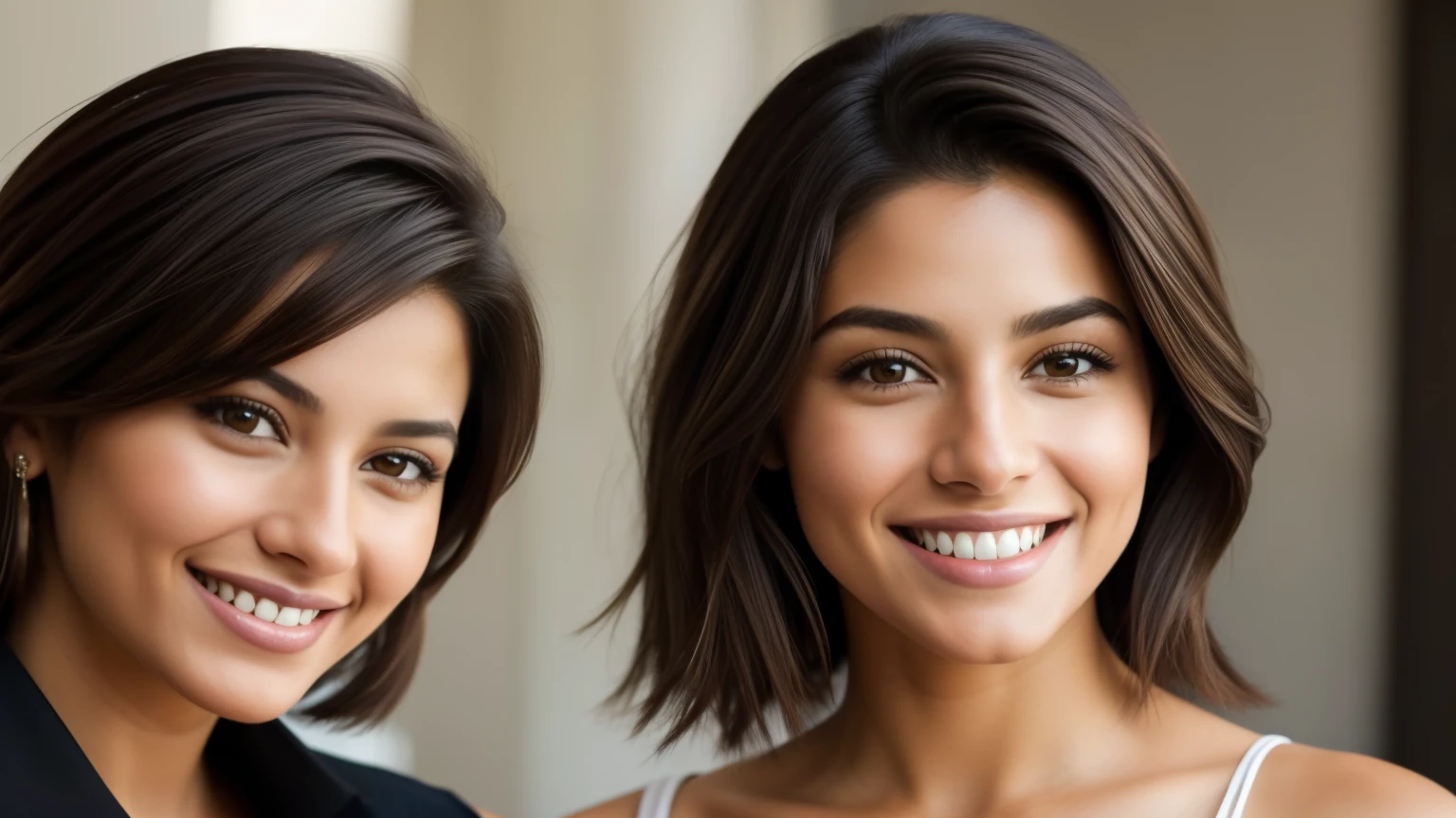 Isabel Merced and friend, portrait, (wolf_cut hair), smiling, beautiful face, perfect face, ultra realistic, front view, photo realistic