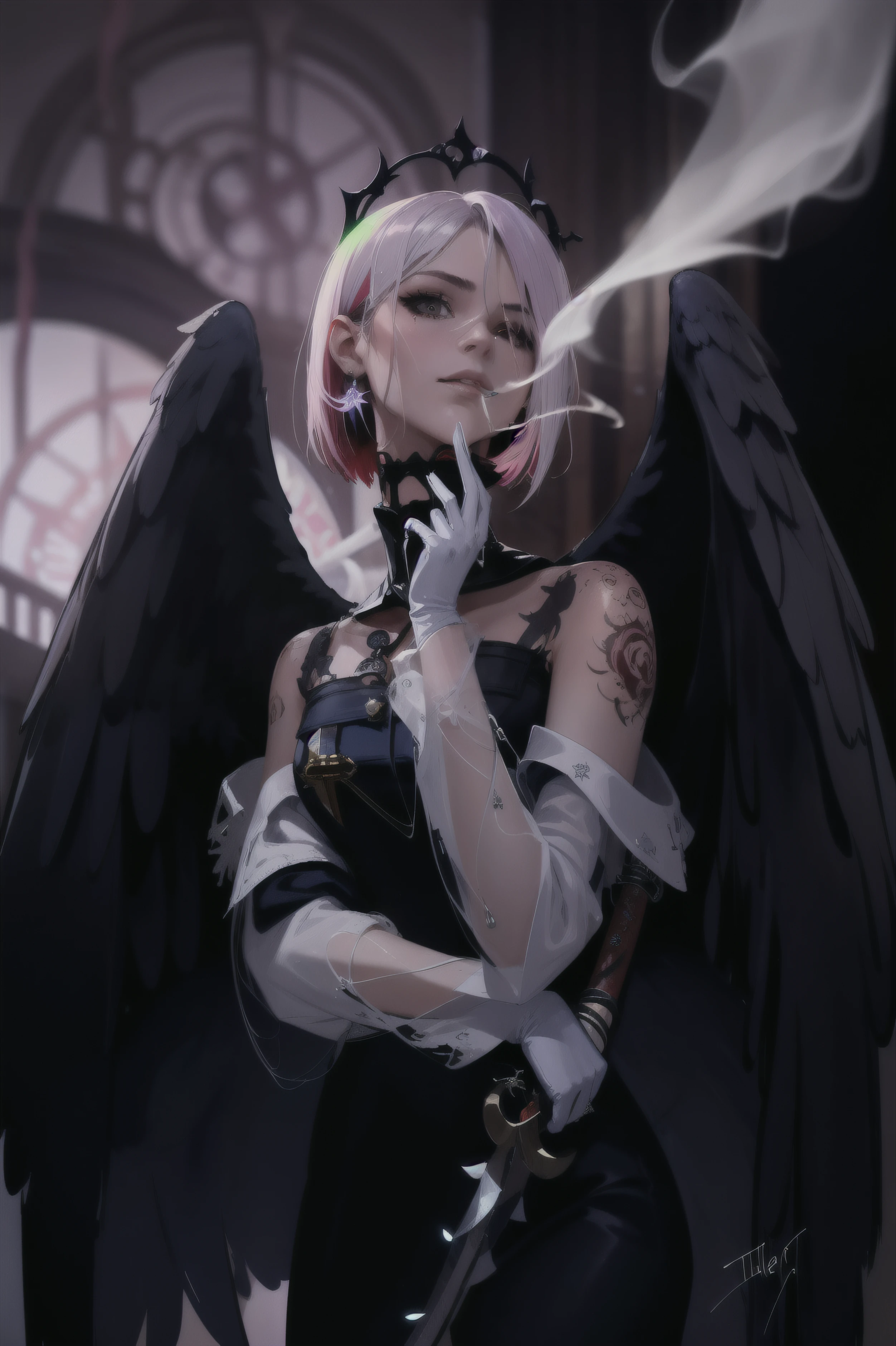 there is a drawing of a woman with a cigarette in her hand, painted in the style arcane, angel, villainess has black angel wings, loish and wlop, dark angel, Lute from Hazbin hotel fanart, commission for high res, an angel, angel of death tattoes on her neck and rose tattooes on her shoulders, angel with black wings, inspired by Wlop, (Numerous award-winning masterpieces, With incredible detail, Maximum textures and details), (semi realistic:1.4), (Imagem corporal inteira:1.7), (Partee superior do corpo para cima:0.3), (melhor qualidade de pele textura real), (finely detailed true circle eyes) (Aesthetic and decadent image:1.5),  (He has a soul harvesting sickle in his hand:1.5), (dramatic pink light from the background), altar, (A majestic spectacle), (Magic Circle of Disturbing Glow:1.3), Her face is soft and beautiful, mas de alguma forma aterrorizante, (Large wings with tattered black feathers behind the shoulders:1.3), (Imagem corporal inteira:1.7), (Wears a dark black hooded dress like on the reference picture:1.2), (Foto Flamboyant), (Around her neck is simple tattoo.), art (short bob white hair) ( she wears long white gloves on her arms)