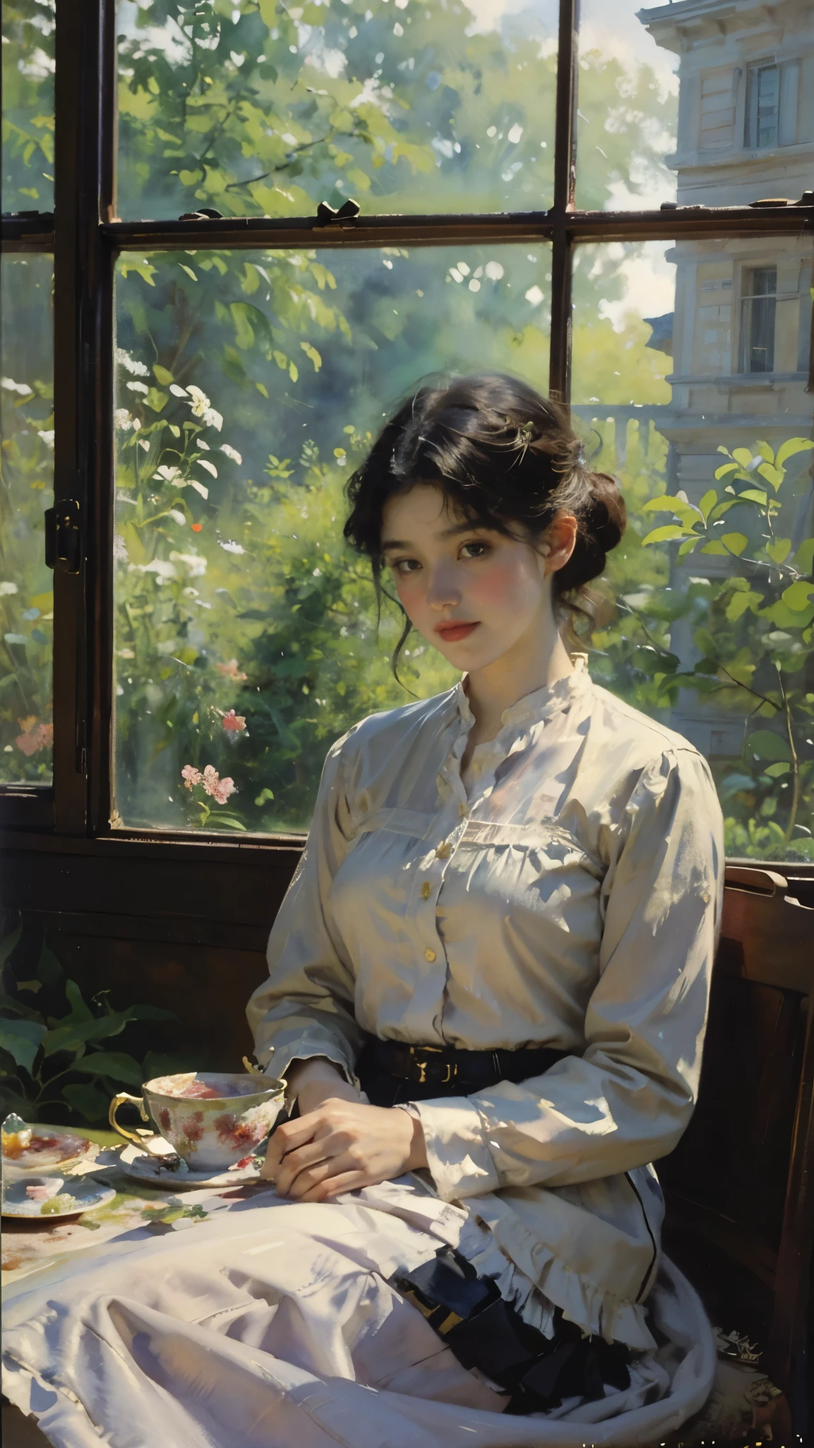 ((Watercolor painting by Singer Sargent))、Impressionist style painting、art of edouard bisson、(highest quality、masterpiece)、1 girl、16 years old、wonderful、short black hair、black eye、small breasts、uniform、blouse、long skirt、glass house、flower shop、table、Floral、Tea set、window、aquarium、Foliage plant、 wood,soft light、(vintage, classic)、