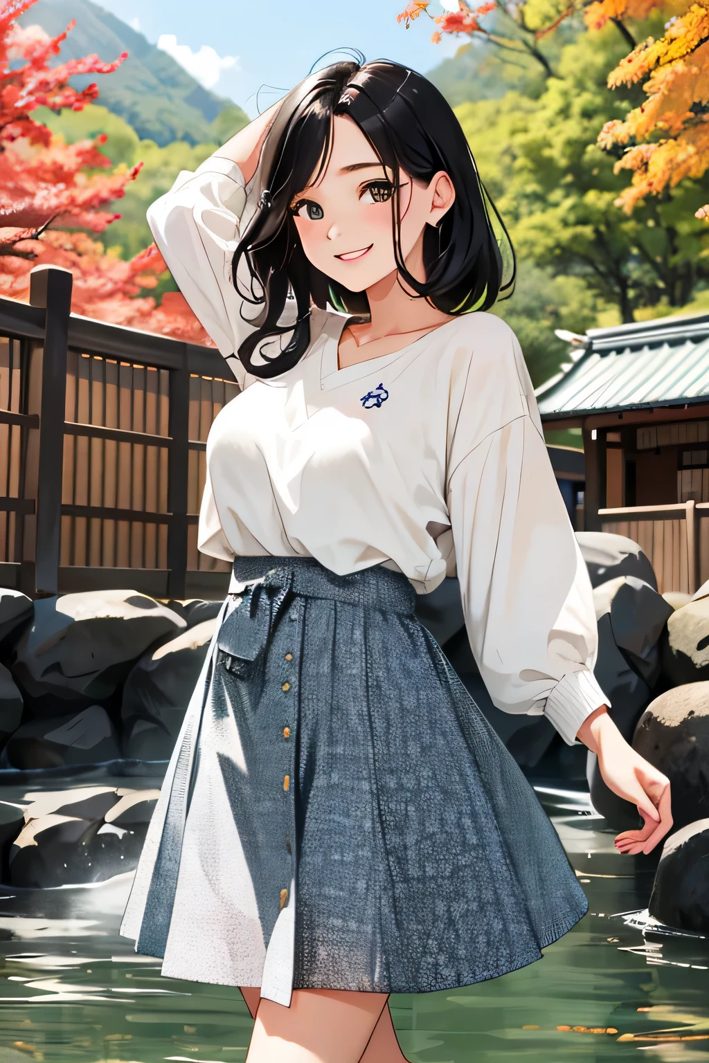highest quality、Ultra high definition、detailed background、masterpiece、anatomically correct、detailed face、Detailed beautiful face、cute beautiful girl in her 20s、black hair、braided bob、huge breasts、realistic、perfect body line、Calm atmosphere、Express yourself with confidence、Charm、
(He looks very happy and is enjoying his trip.:1.5)、(cowboy shot:1.4)、
This is an autumn outfit that combines seasonal feel and cuteness.、
Printed skirts give a gorgeous impression, and if you choose one with autumn scenery or patterns on it, you can enhance the sense of the season.、
Knitwear gives you a sense of warmth, but if you choose a feminine silhouette and color, you can bring out your cuteness.、
Pair your feet with boots or pumps to emphasize your femininity.、
Hida&#39;s hot spring resorts are places where you can enjoy beautiful natural environments and hot springs.、
We recommend spending a relaxing time at hot spring areas such as Gero Onsen and Kusatsu Onsen in Gifu Prefecture.、cute