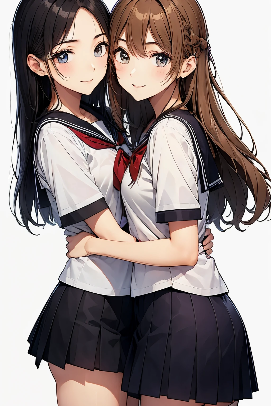 Two high school girls hugging each other、seductive smile、