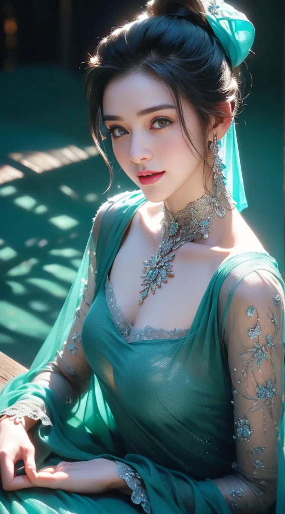 (Shoulder length black bob straight hair:1),((((8K))),((Extremely detailed CG)) ,(wallpaper),16K,((extremely delicate and beautiful))，(((masterpiece))),(((best quality))),(((超high resolution))),beautiful lights，perfect lightning，Realistic shadows，[high resolution],(Smooth and flawless fair skin:1.5),The facial details are extremely delicate,(Perfect body：1.1),Super detailed,a beautiful girl,small head,((very short ponytail)),Small face,Confused eyes female:1.3),(blush:1.3),Exquisite makeup,(small breasts:1.1),flat chest，Slim，thin,happy,(Smile:1.2),(See-through lace pajama dress:1.3),clavicle, split,(night view:1.5),in the kitchen,Warm indoor lighting,((sit in a chair next to the table)),(There is a large cup of coffee on the table:1.3),(teal background),looking at the audience,(Close-up of upper body above chest:1.2)