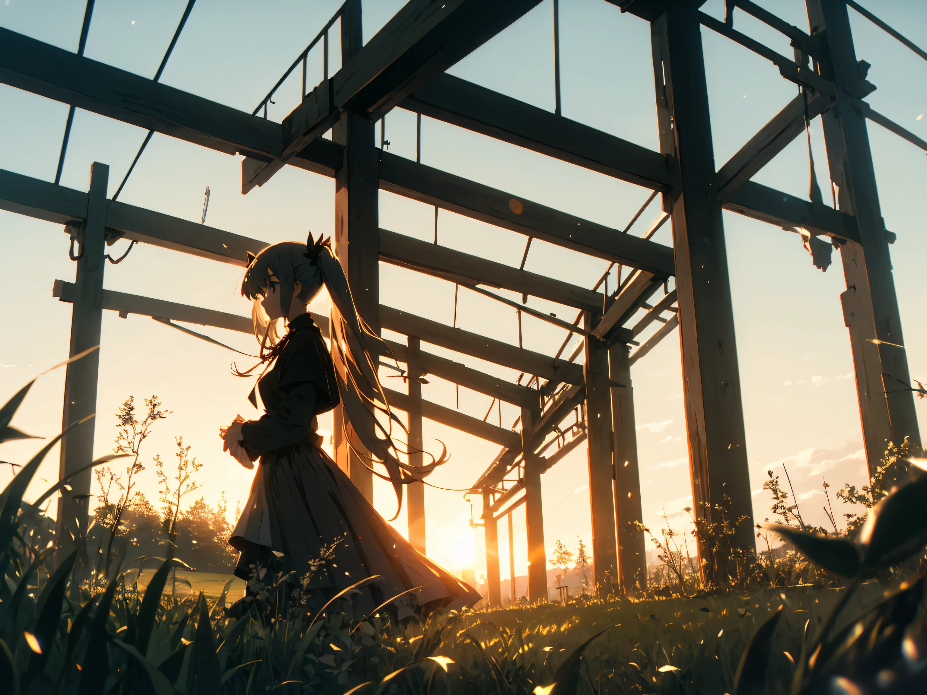 anime,white background,double exposure silhouette twintail girl and grass in medieval town photo scenery,wearing layered dress