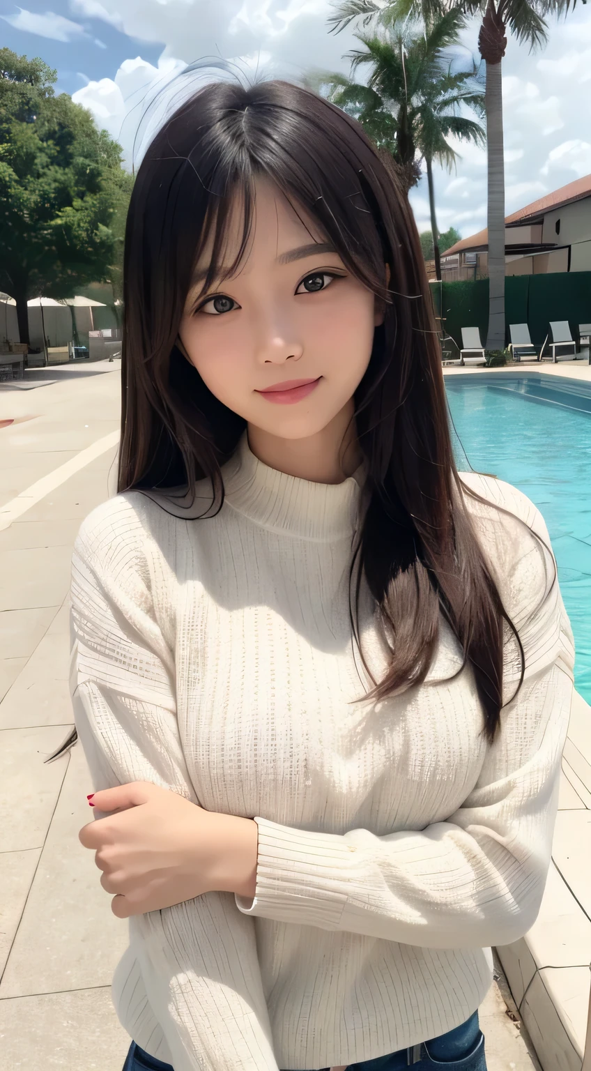 Pueros face_V1, highest quality, realistic, 8K, High resolution, 1 girl huge big tits, perverted woman, (skin dents), (sports late:0.6), gorgeous, dynamic pose, ((poolside background:1.6)), Coconut palm medium size round breast,white high neck sweater:1.4)), Look directly at the audience:1.8, (One girl looks at the audience with idium length hair, I have black, part the bangs:1.65), (Bokeh), With a smile:1.2, (closed mouth:1.16),