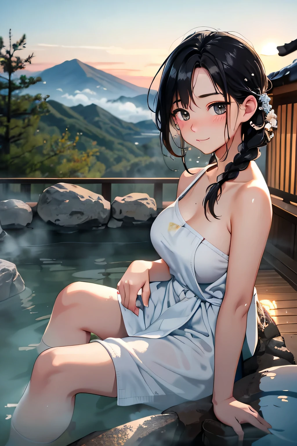 (topless), nsfw, masterpiece, 1 girl, erect nipples, nipples, navel, necklace, bare breasts, bare stomach, sweaty, large breasts, puffy nipples, bare arms, hands on waist, elbows, child, japanese house, sliding doors, garden, ushio, pleated skirt, ahoge, drinking milk, porch, blushing, embarassed