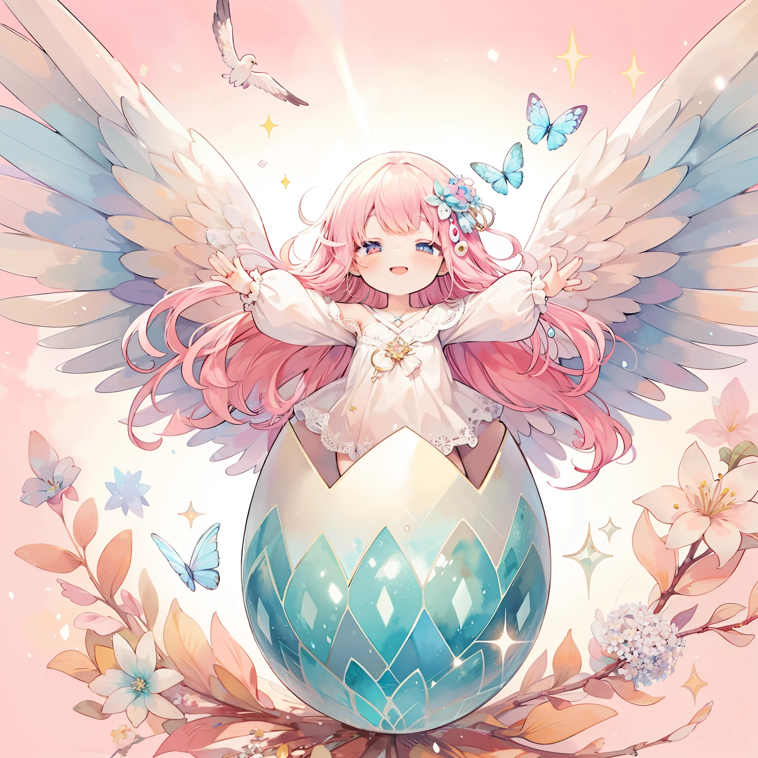 anime angel with wings and a flower in a blue egg, Pastel Watercolor、A single winged crystal imperial egg contains a smiling fairy girl jumping animation、pink gold。anime fantasy illustration, cute detailed digital art, pixiv contest winner, digital art on pixiv, a beautiful artwork illustration, pixiv, goddess of spring, beautiful fantasy anime, of an beautiful angel girl, anime fantasy artwork, anime illustration, cute detailed artwork, of beautiful angel, winged girl angel, detailed fanart