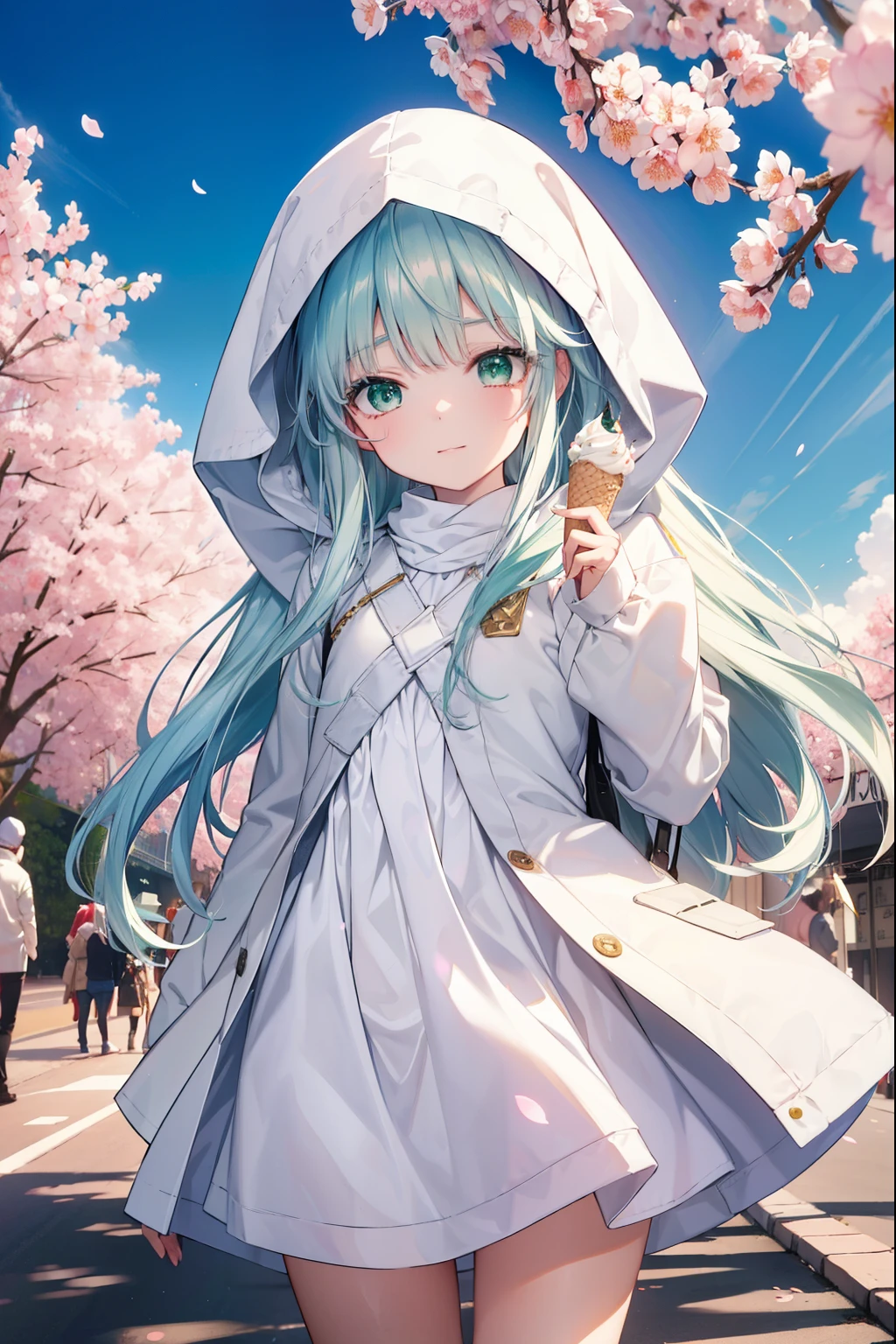 index, index, (green eyes:1.5), silver hair, long hair, (flat chest:1.2),happy smile, smile, open your mouth,White Long Hoodie,hood up,shorts,white pantyhose,Mini Boots,He has a soft serve ice cream in his right hand.,ソフトクリームを食べ歩きしているsilver hairの少女,cherry blossoms are blooming,Cherry blossoms are scattered,桜並木道
break looking at viewer, Upper body, whole body,
break indoors, church,
break (masterpiece:1.2), highest quality, High resolution, unity 8k wallpaper, (figure:0.8), (detailed and beautiful eyes:1.6), highly detailed face, perfect lighting, Very detailed CG, (perfect hands, perfect anatomy),