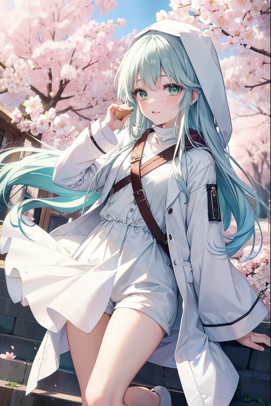 index, index, (green eyes:1.5), silver hair, long hair, (flat chest:1.2),happy smile, smile, open your mouth,White Long Hoodie,hood up,shorts,white pantyhose,Mini Boots,He has a soft serve ice cream in his right hand.,ソフトクリームを食べ歩きしているsilver hairの少女,cherry blossoms are blooming,Cherry blossoms are scattered,桜並木道
break looking at viewer, Upper body, whole body,
break indoors, church,
break (masterpiece:1.2), highest quality, High resolution, unity 8k wallpaper, (figure:0.8), (detailed and beautiful eyes:1.6), highly detailed face, perfect lighting, Very detailed CG, (perfect hands, perfect anatomy),