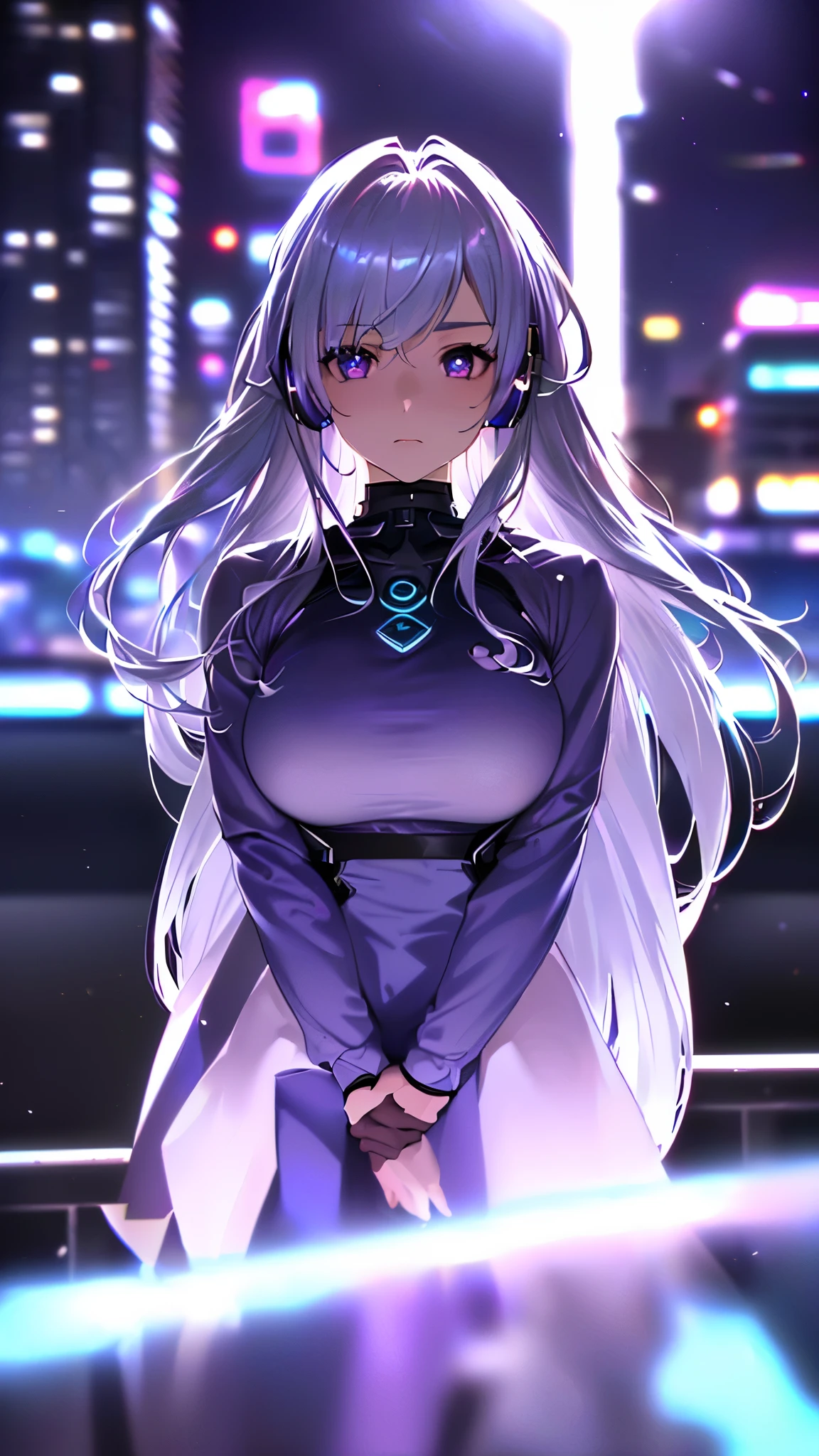 1 girl, Silver light blue hair, Gradient purple hair ends, super long hair, Technical clothing masterpiece, actual, Dark purple jacket, portrait, Illusion deep purple eyes, delicate eyes, wearing headphones, 28 year old girl, wide angle shot, on the street, cyberpunk, Focus on face, Very detailed facial, one person, Big breasts and hot body, Random pose, Random expressions, Standing on the rooftop and looking at the starry night sky, meteor, wavy hair, absurdly long hair, single sidelock, hair strand, aqua eyes, halo, makeup, High like real eyes, shiny hair, floating hair, front braid, realism, chiaroscuro, glowing light, sparkle, ray tracing, cinematic lighting, Futurism, motion blur, best quality, UHD, super detail, masterpiece, highres, ccurate