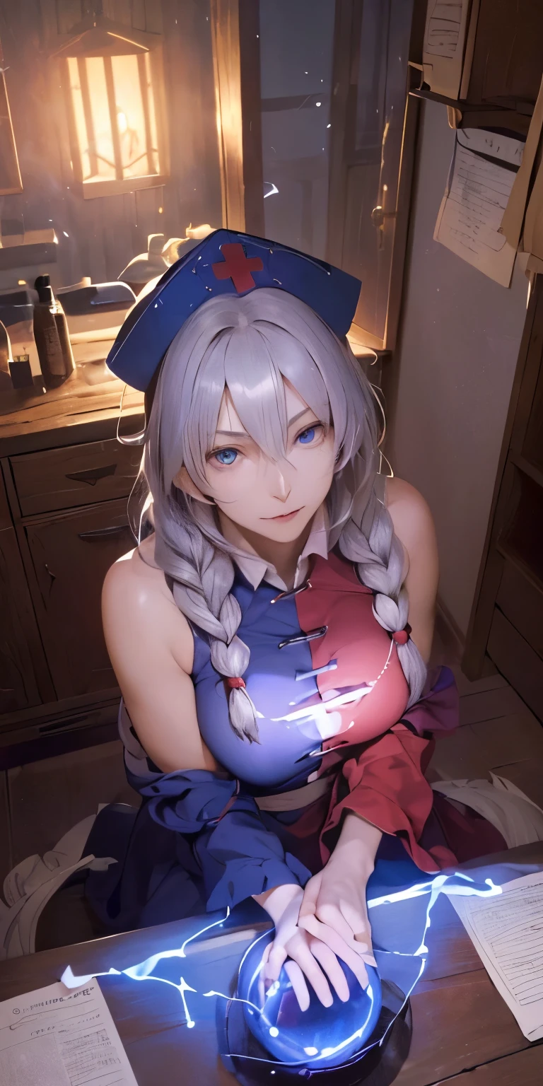 (masterpiece, best quality:1.3), (from below:1.3), Yagokoro Eirin, Touhou Series, perfect face, expressive eyes, 1woman, looking at viewer, 38 years old, gorgeous body, big breast, beautiful, anime, lora,1woman, silver hair, braid hair, nurse cap, red and blue clothes, long skirt, (evil look, looks down on viewer:1.5), (cinematic lighting, realistic, dream-like, enchanting atmosphere:1.3), (photo of a woman in her dark and mysterious environment:1.3), (the woman surrounded by an aura of mystery and intrigue:1.3), (a dark and mysterious laboratory decorated with many flasks, each filled with colorful liquids:2.0), (a table before Eirin decorated with flask, spread out in mysterious shapes:2.0), (she is full of joy in making new discoveries:1.5), (a crystal ball nearby, adding to the mystical setting:1.3), (a hint of incense in the air, adding to the sensory experience:1.3),