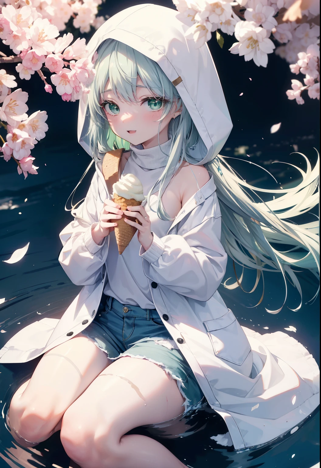 index, index, (green eyes:1.5), silver hair, long hair, (flat chest:1.2),happy smile, smile, open your mouth,White Long Hoodie,hood up,shorts,white pantyhose,Mini Boots,He has a soft serve ice cream in his right hand.,ソフトクリームを食べ歩きしているsilver hairの少女,cherry blossoms are blooming,Cherry blossoms are scattered,桜並木道
break looking at viewer, Upper body, whole body,
break indoors, church,
break (masterpiece:1.2), highest quality, High resolution, unity 8k wallpaper, (figure:0.8), (detailed and beautiful eyes:1.6), highly detailed face, perfect lighting, Very detailed CG, (perfect hands, perfect anatomy),