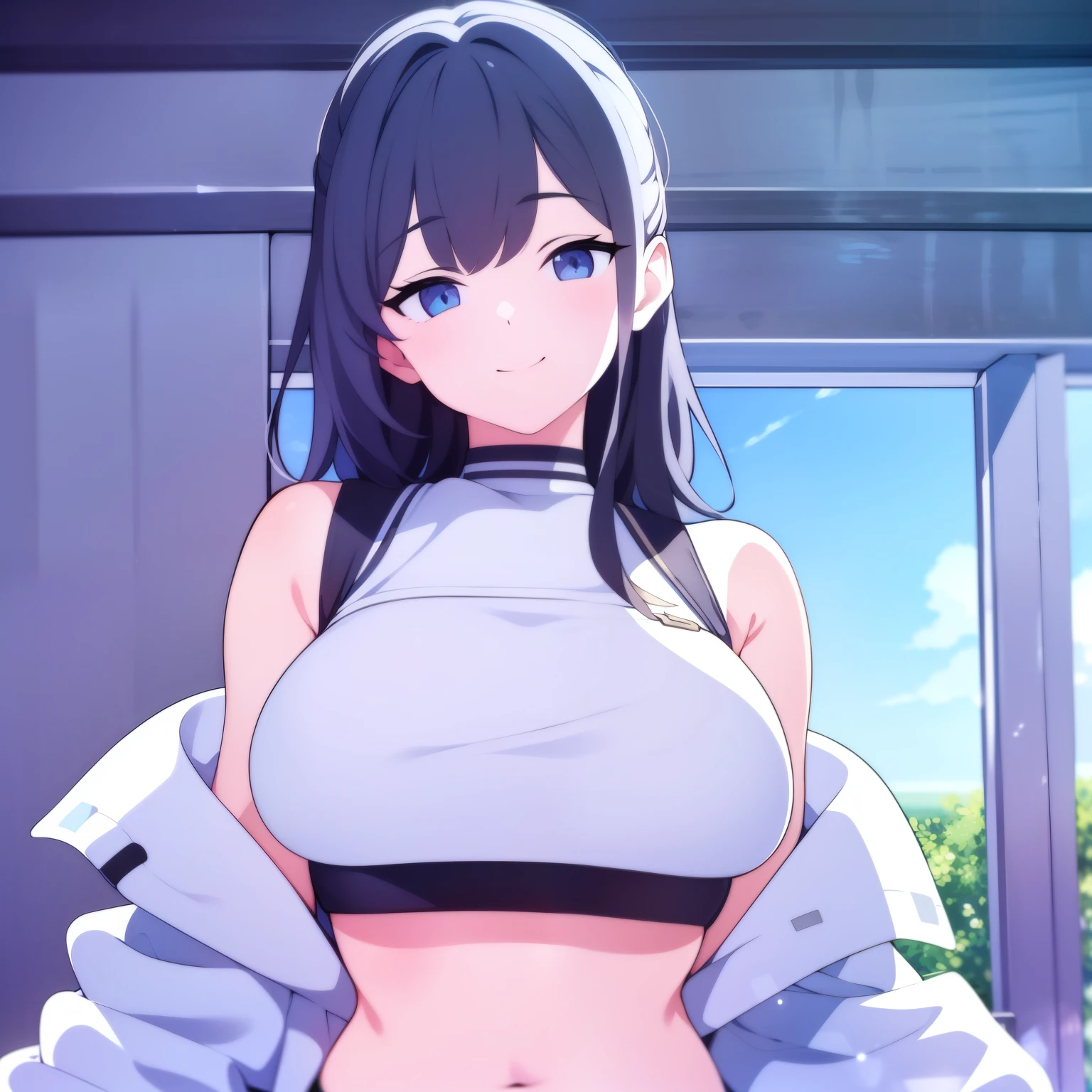 masterpiece, best quality, 1girl, empty eyes, utsurome, hot white crop top, busty, smile