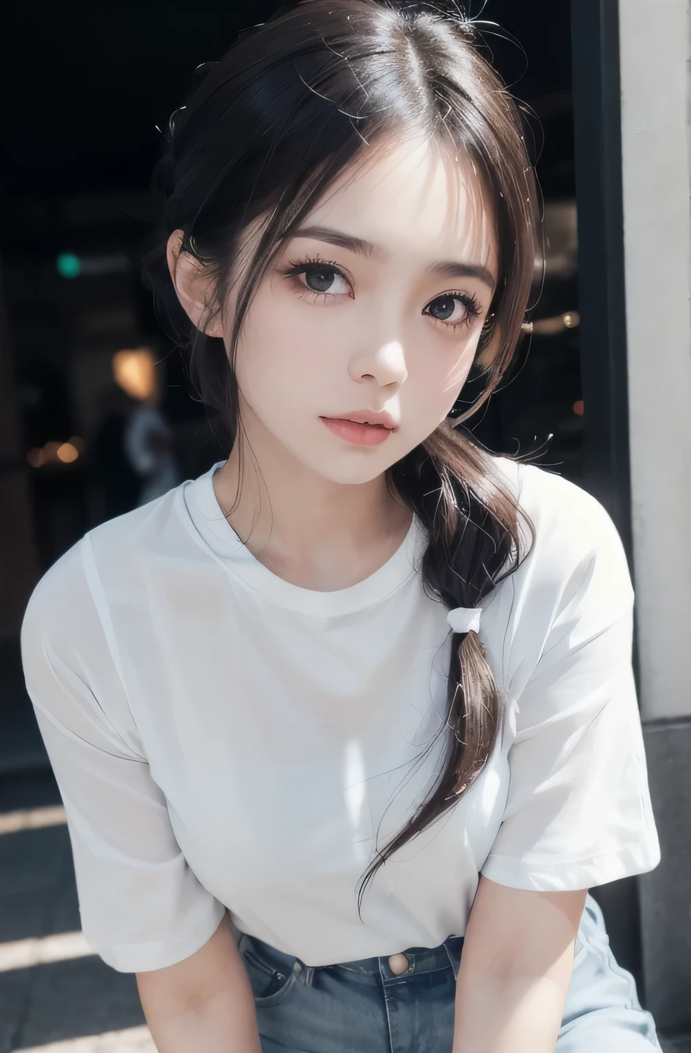 (8K, RAW photo, highest quality, High resolution:1.1), (hyperrealistic:1.4),(realistic, photorealistic:1.3), soft light,realistic face,realistic body,realistic skin,disorganized,masterpiece,(cute:1.8),(lean forward:1.8),(From above:1.2),(close:1.4),crawl on all fours,throw,( fine white loose t-shirt:1.2),(Beautiful breasts:0.9),(long hair,ponytail),(big:1.2),cleavage,fine black eyes,innocent eyes,droopy eyes,Watery eye,open lips,blush,good style,cinema light,film Grain,close,view viewer,full Body,Depth of field, blurred background,Eye focus,young,85mm lens, f/ 1.4,professional lighting,portrait,photon mapping,radio city,Physically based rendering,Transparency,Day book girl,Day,Sunny,outdoor