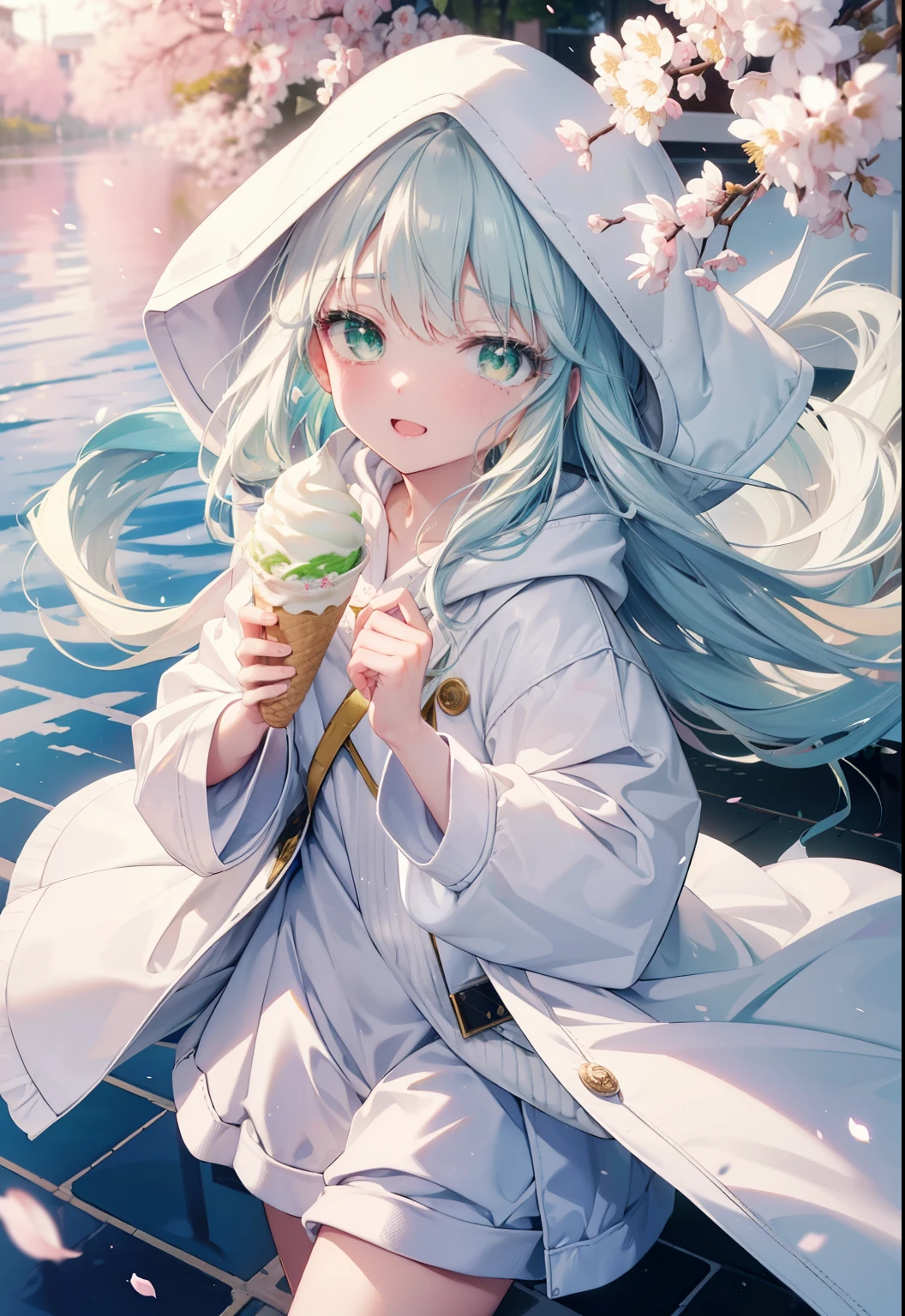 index, index, (green eyes:1.5), silver hair, long hair, (flat chest:1.2),happy smile, smile, open your mouth,White Long Hoodie,hood up,shorts,white pantyhose,Mini Boots,He has a soft serve ice cream in his right hand.,ソフトクリームを食べ歩きしているsilver hairの少女,cherry blossoms are blooming,Cherry blossoms are scattered,The cherry blossom tree-lined road is broken, looking at viewer, Upper body, whole body,
break outdoors, Destroy the park (masterpiece:1.2), highest quality, High resolution, unity 8k wallpaper, (figure:0.8), (detailed and beautiful eyes:1.6), highly detailed face, perfect lighting, Very detailed CG, (perfect hands, perfect anatomy),