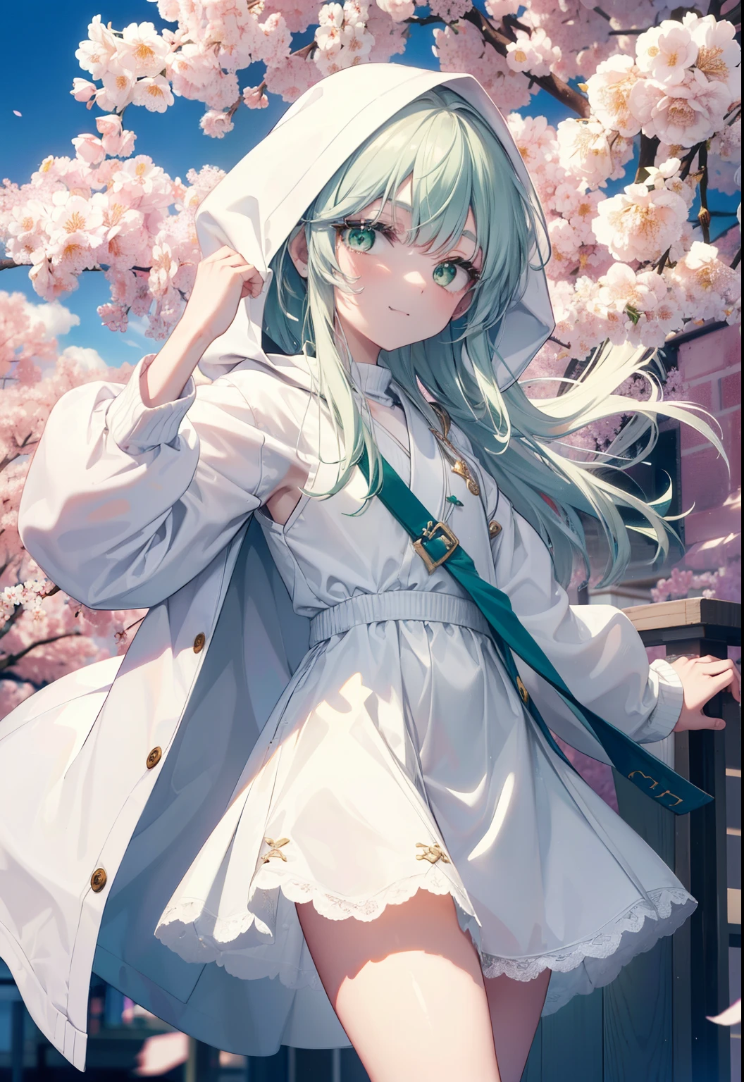 index, index, (green eyes:1.5), silver hair, long hair, (flat chest:1.2),happy smile, smile, open your mouth,White Long Hoodie,hood up,shorts,white pantyhose,Mini Boots,He has a soft serve ice cream in his right hand.,ソフトクリームを食べ歩きしているsilver hairの少女,cherry blossoms are blooming,Cherry blossoms are scattered,The cherry blossom tree-lined road is broken, looking at viewer, Upper body, whole body,
break outdoors, Destroy the park (masterpiece:1.2), highest quality, High resolution, unity 8k wallpaper, (figure:0.8), (detailed and beautiful eyes:1.6), highly detailed face, perfect lighting, Very detailed CG, (perfect hands, perfect anatomy),