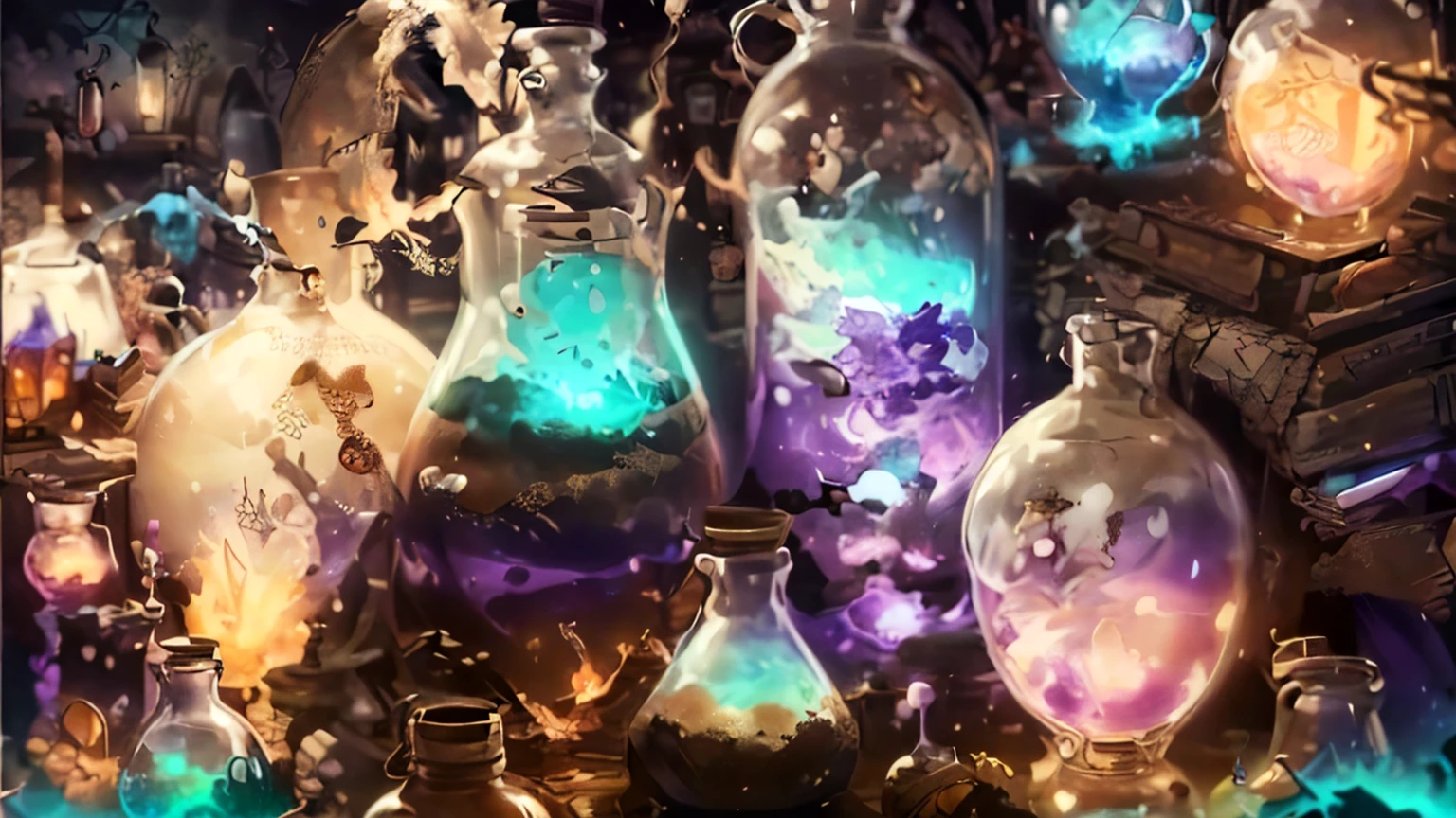 There are many bottles with various things on the table., magical Portion, magic Portion, alchemist bottles, alchemist library background, Magic Lab Background, fantasy alchemist&#39;s laboratory, Portion, glowing Portion, magic item, magic laboratory setting, a wizard's apothecary, Portionショップで, magic background, Jinshu Temple, 8K high quality detailed art