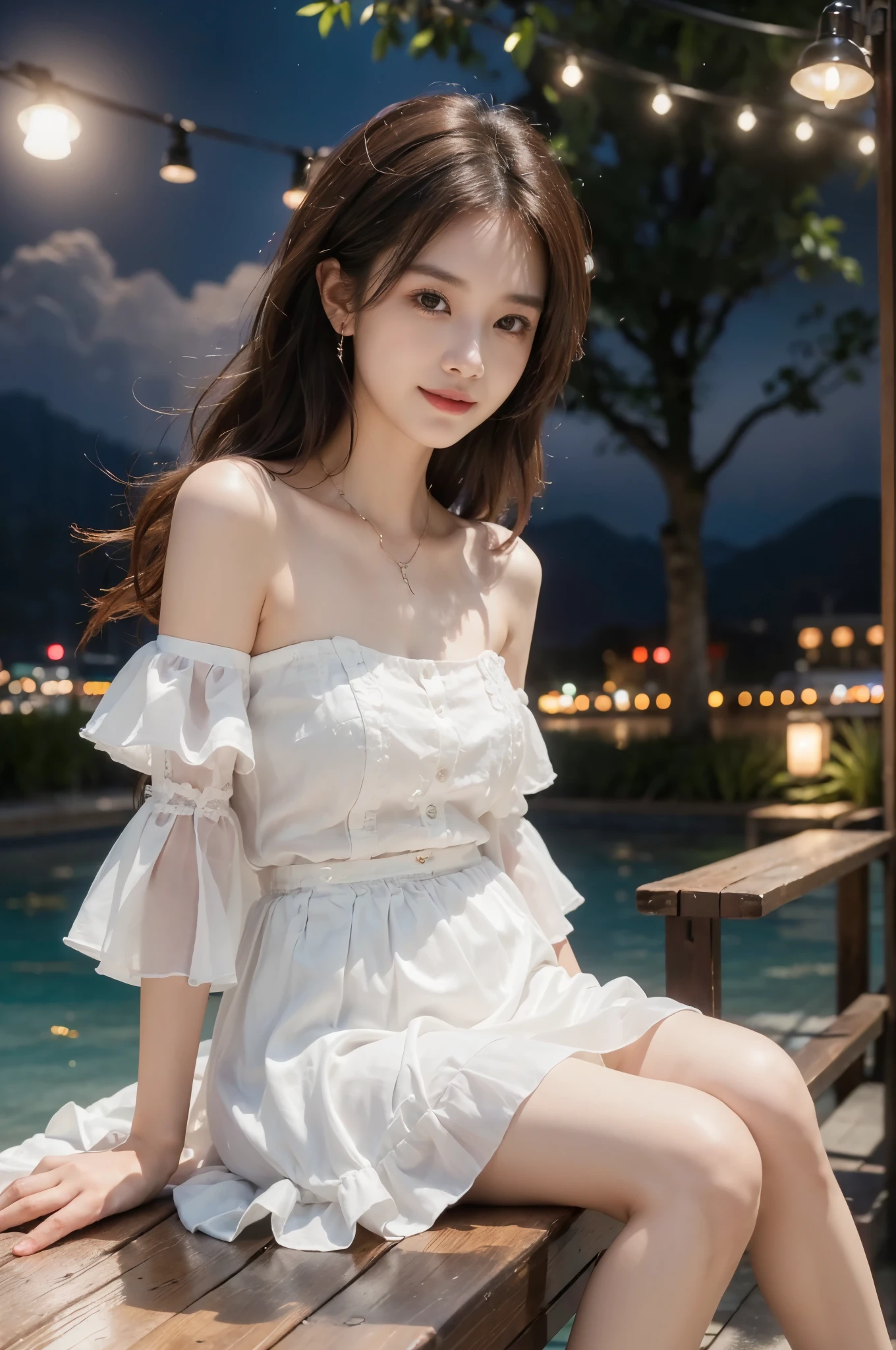 8k, masterpiece, RAW photo, best quality, photorealistic, extremely detailed CG unity 8k wallpaper, Depth of field, Cinematic Light, Lens Flare, Ray tracing, (extremely beautiful face, beautiful lips, beautiful eyes), intricate detail face, ((ultra detailed skin)) 1girl,  ((Beautiful Silky satin Violet T-shirt )), ((Beautiful Silky satin Violet Above knee length skirt)), in the dark, deep shadow, pretty korean girl, kpop idol, 1 girl, (very slim slender fit-muscled body:1.3), ((looking at viewer)),(big smile:1.3), (fashion city night, dark night, (neon sign), (blurred background), fashion street night),(without people in the background:1.3), beautiful earrings, bracelets, necklace, pantyhose, clear eyes, (pale skin), (big eyes), face forward, ((upper body shot)), (looking at viewer:1.3) very slim, medium breasts, (Ultra-realistic, gazing at viewer), (hight resolution), (8K), (ighly detailed), (Brown hair, short-hair), (Show the navel), (Slim body)