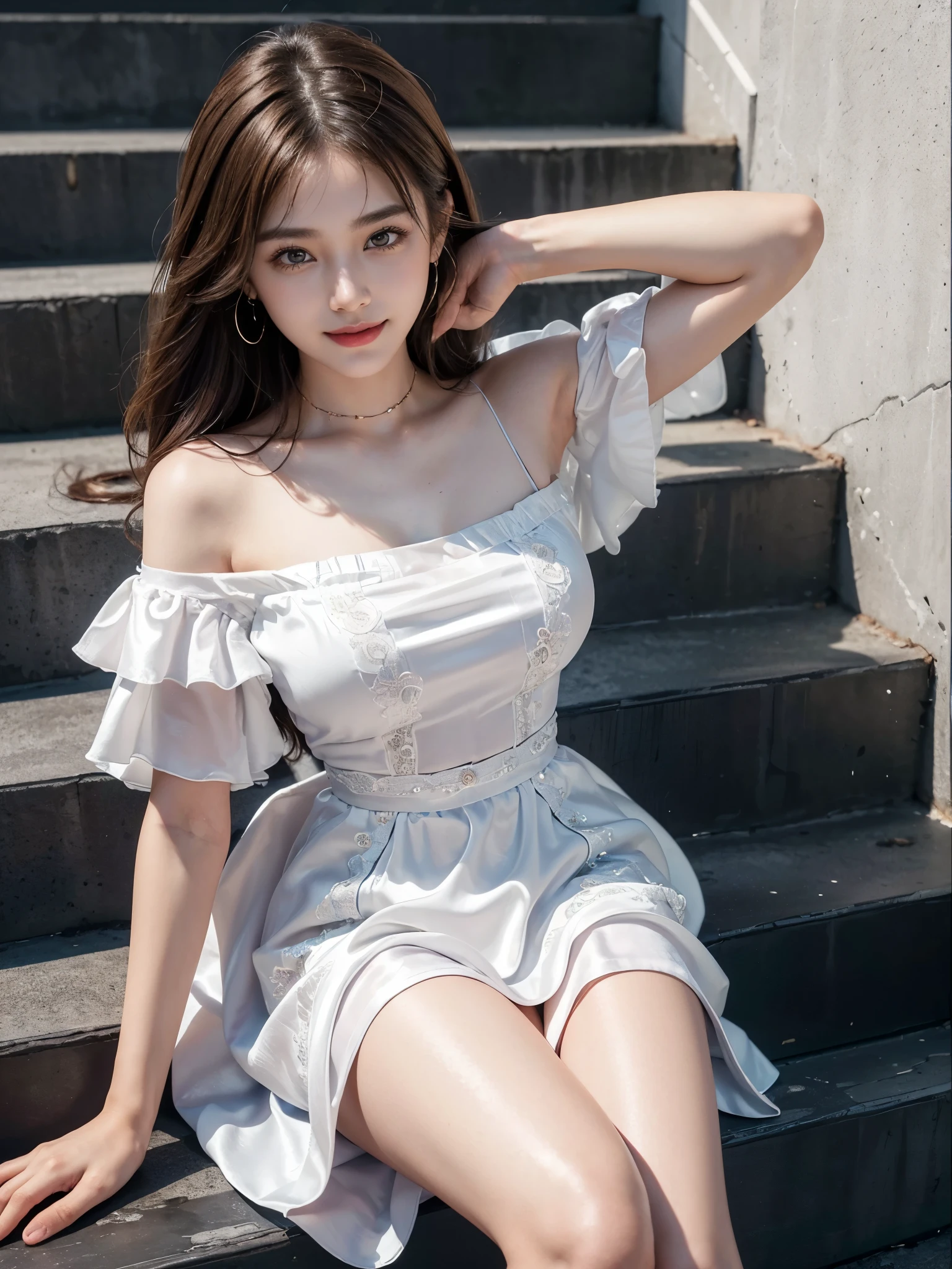8k, masterpiece, RAW photo, best quality, photorealistic, extremely detailed CG unity 8k wallpaper, Depth of field, Cinematic Light, Lens Flare, Ray tracing, (extremely beautiful face, beautiful lips, beautiful eyes), intricate detail face, ((ultra detailed skin)) 1girl,  ((Beautiful Silky satin Violet T-shirt )), ((Beautiful Silky satin Violet Above knee length skirt)), in the dark, deep shadow, pretty korean girl, kpop idol, 1 girl, (very slim slender fit-muscled body:1.3), ((looking at viewer)),(big smile:1.3), (fashion city night, dark night, (neon sign), (blurred background), fashion street night),(without people in the background:1.3), beautiful earrings, bracelets, necklace, pantyhose, clear eyes, (pale skin), (big eyes), face forward, ((upper body shot)), (looking at viewer:1.3) very slim, medium breasts, (Ultra-realistic, gazing at viewer), (hight resolution), (8K), (ighly detailed), (Brown hair, short-hair), (Show the navel), (Slim body)