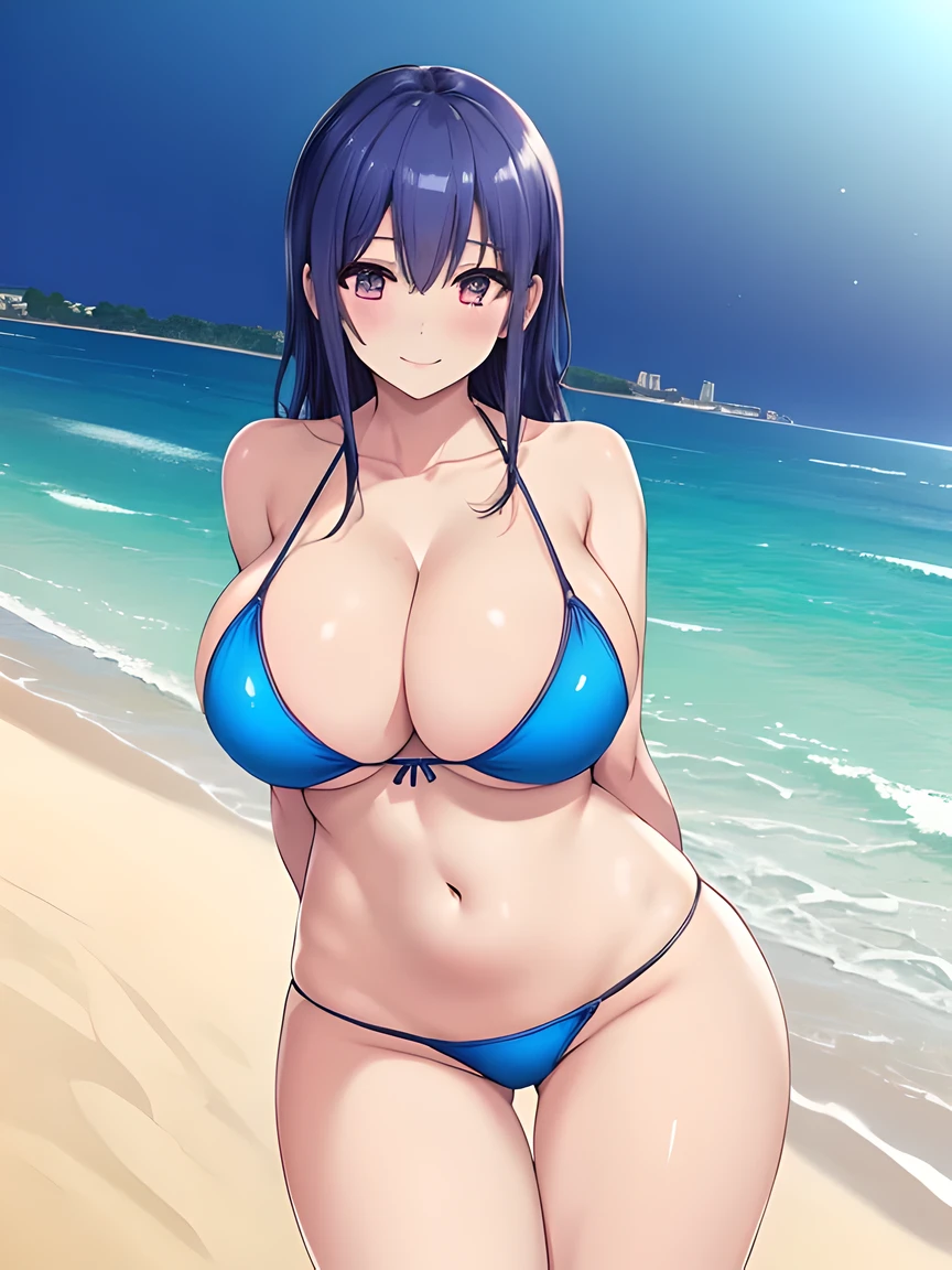 (1 girl), (masterpiece:1.3), (beautiful:1.3), (highest quality:1.3), (High resolution:1.3), Super detailed, dramatic lighting, blush, smile, blue micro bikini, (huge breasts:1.3), (cleavage:1.3), shiny skin, stand up, beach, (cowboy shot), (turn your arms behind your back:1.2), closed mouth, looking at the viewer, wide hips, thick thighs, (tight waist), (crooked)