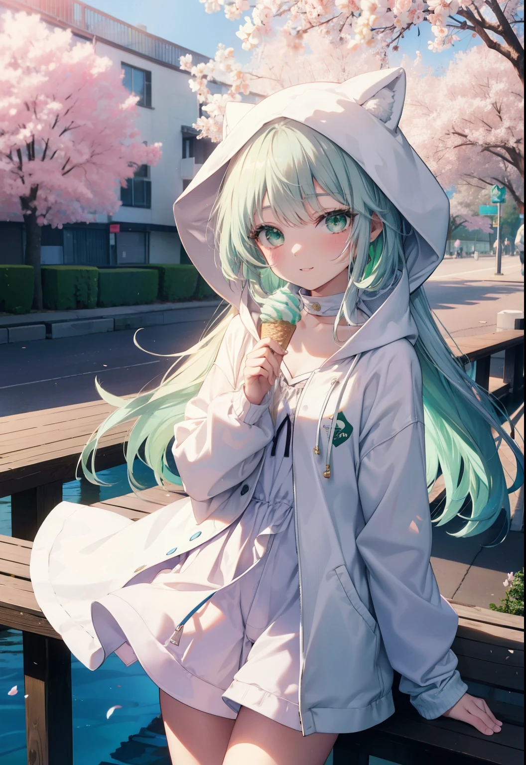 index, index, (green eyes:1.5), silver hair, long hair, (flat chest:1.2),happy smile, smile, open your mouth,White Long Hoodie,hood up,shorts,white pantyhose,Mini Boots,He has a soft serve ice cream in his right hand.,ソフトクリームを食べ歩きしているsilver hairの少女,cherry blossoms are blooming,Cherry blossoms are scattered,The cherry blossom tree-lined road is broken, looking at viewer, Upper body, whole body,
break outdoors, Destroy the park (masterpiece:1.2), highest quality, High resolution, unity 8k wallpaper, (figure:0.8), (detailed and beautiful eyes:1.6), highly detailed face, perfect lighting, Very detailed CG, (perfect hands, perfect anatomy),