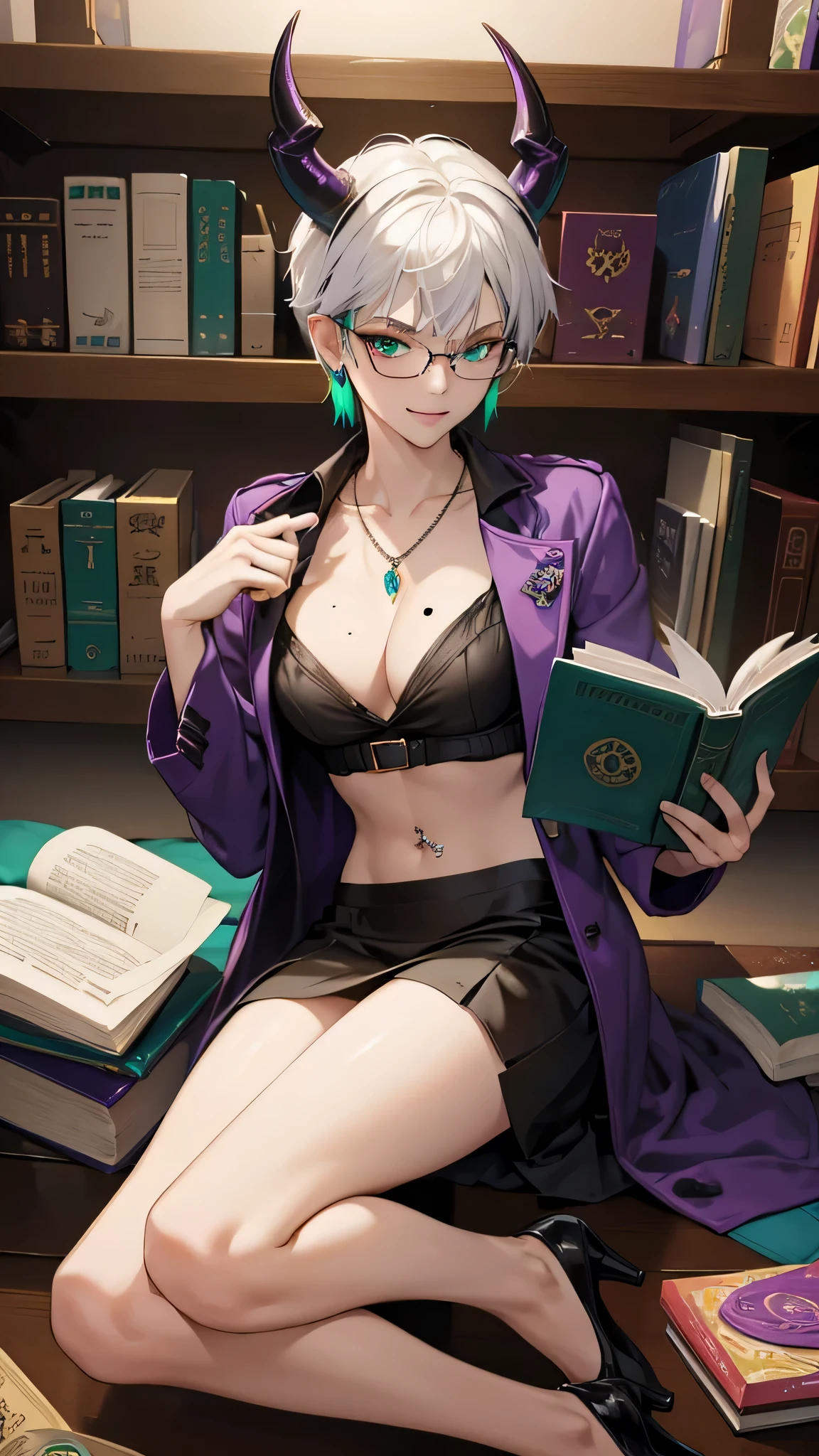 8k, masterpiece, best quality, highly detailed, 1girl, tiefling, warlock, multicolored hair, very short straight hair green highlight hair on white hair, strippled hair, wearing glasses, earrings, necklace, mole, glowing green eyes, glamorous, library, students clothing, teal and purple, high heels, navel piercing, villainy, smirk, puppting, seductive pose, close up view, rings, looking at viewer, demon horns, reading books, fullbody view.