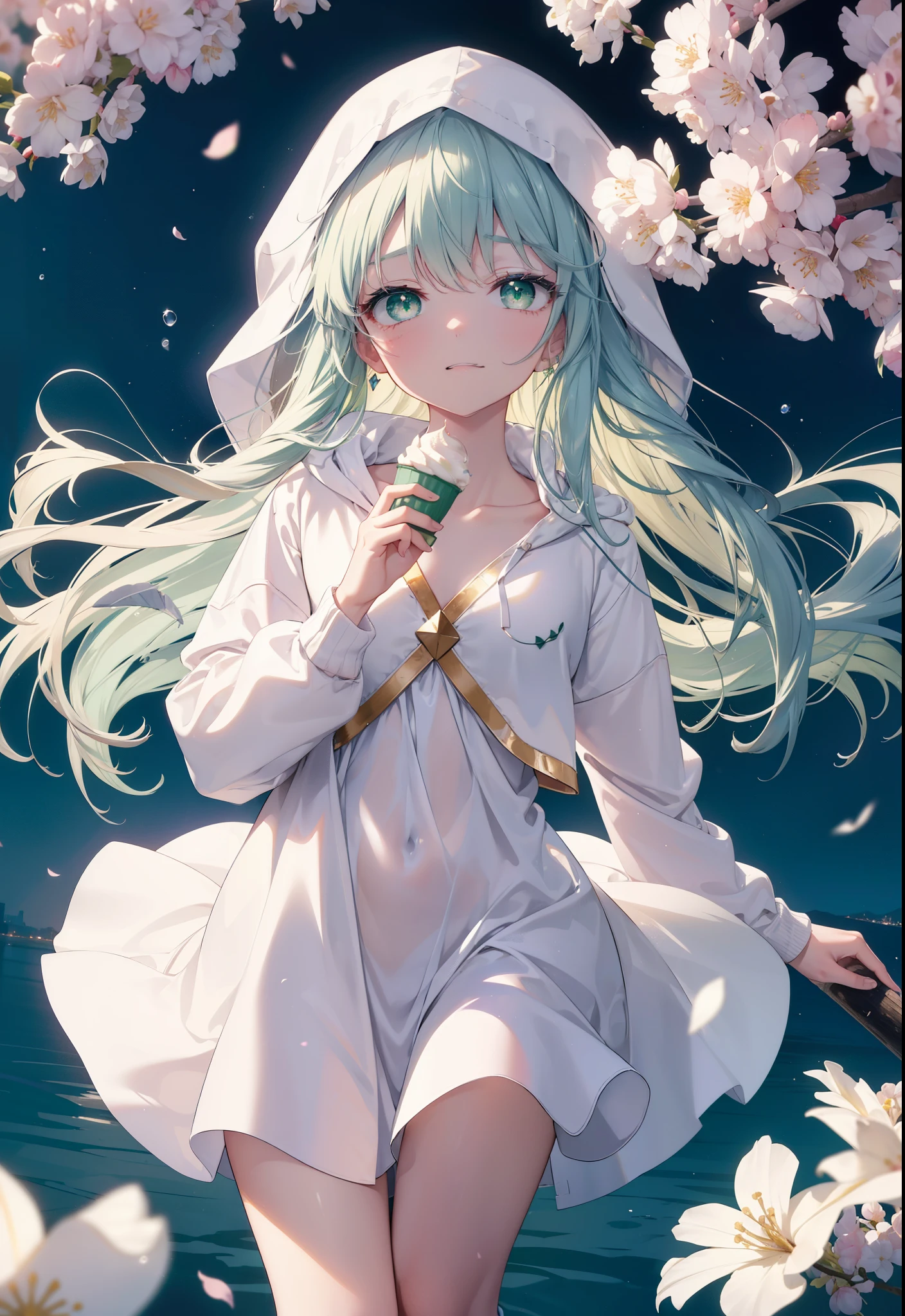 index, index, (green eyes:1.5), silver hair, long hair, (flat chest:1.2),happy smile, smile, open your mouth,White Long Hoodie,hood up,shorts,white pantyhose,Mini Boots,He has a soft serve ice cream in his right hand.,ソフトクリームを食べ歩きしているsilver hairの少女,cherry blossoms are blooming,Cherry blossoms are scattered,The cherry blossom tree-lined road is broken, looking at viewer, Upper body, whole body,
break outdoors, Destroy the park (masterpiece:1.2), highest quality, High resolution, unity 8k wallpaper, (figure:0.8), (detailed and beautiful eyes:1.6), highly detailed face, perfect lighting, Very detailed CG, (perfect hands, perfect anatomy),