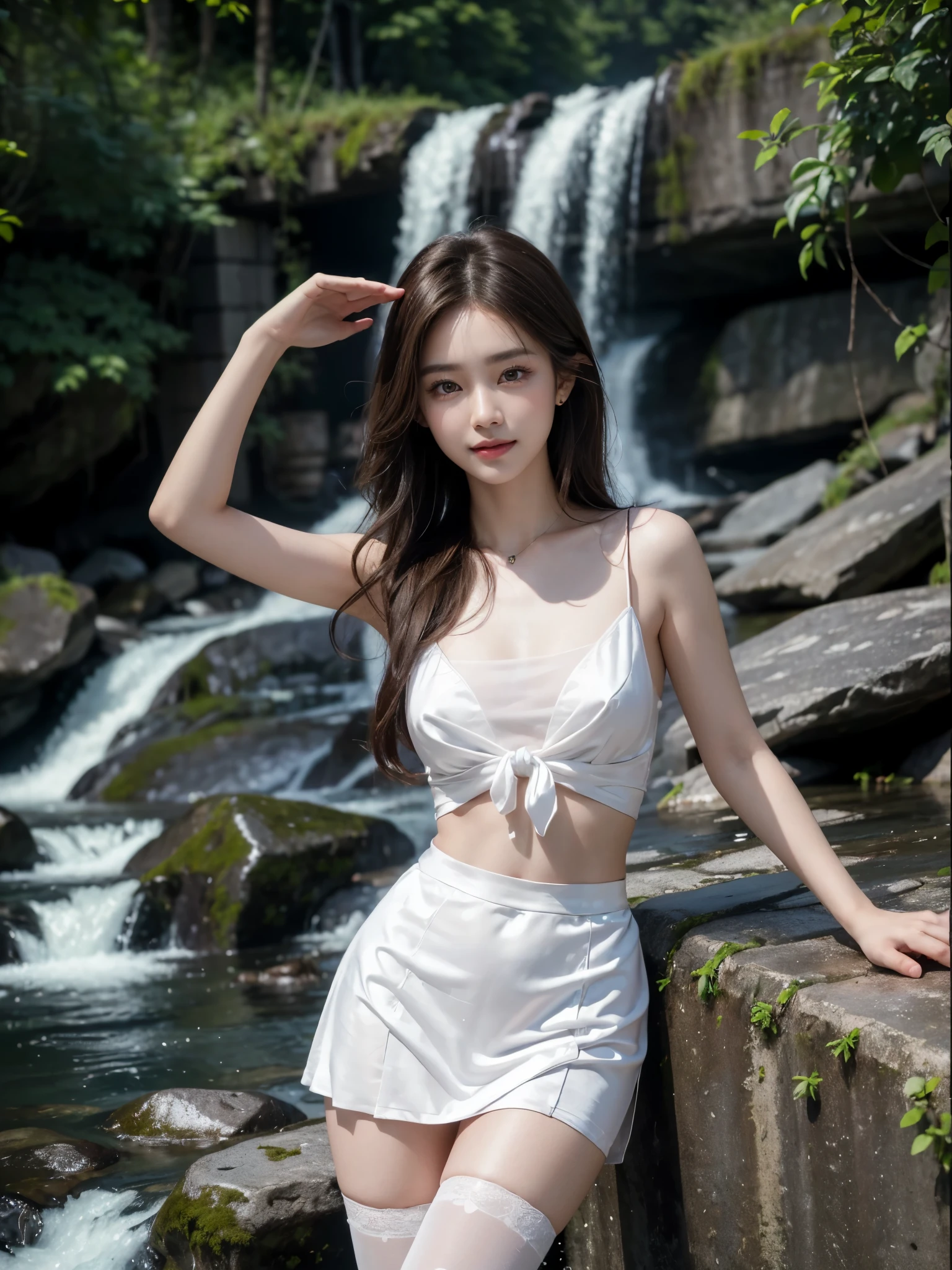 8k, masterpiece, RAW photo, best quality, photorealistic, extremely detailed CG unity 8k wallpaper, Depth of field, Cinematic Light, Lens Flare, Ray tracing, (extremely beautiful face, beautiful lips, beautiful eyes), intricate detail face, ((ultra detailed skin)) 1girl,  ((Beautiful Silky satin Violet T-shirt )), ((Beautiful Silky satin Violet Above knee length skirt)), in the dark, deep shadow, pretty korean girl, kpop idol, 1 girl, (very slim slender fit-muscled body:1.3), ((looking at viewer)),(big smile:1.3), (fashion city night, dark night, (neon sign), (blurred background), fashion street night),(without people in the background:1.3), beautiful earrings, bracelets, necklace, pantyhose, clear eyes, (pale skin), (big eyes), face forward, ((upper body shot)), (looking at viewer:1.3) very slim, medium breasts, (Ultra-realistic, gazing at viewer), (hight resolution), (8K), (ighly detailed), (Brown hair, short-hair), (Show the navel), (Slim body)