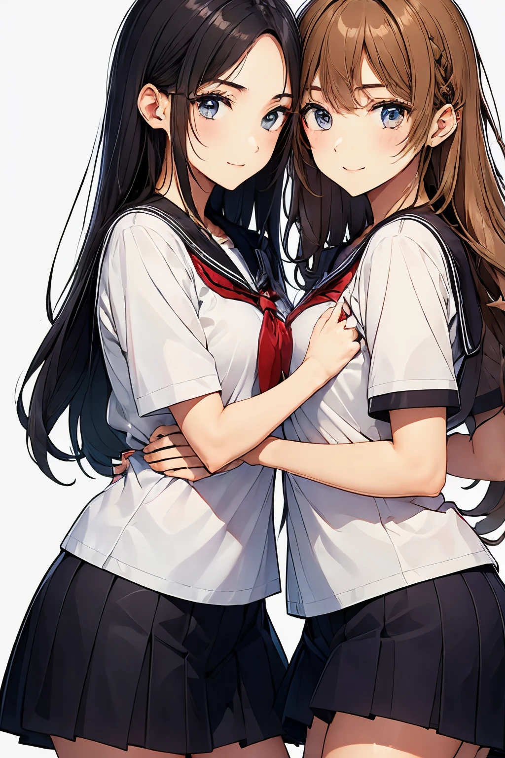 Two high school girls hugging each other、seductive smile、