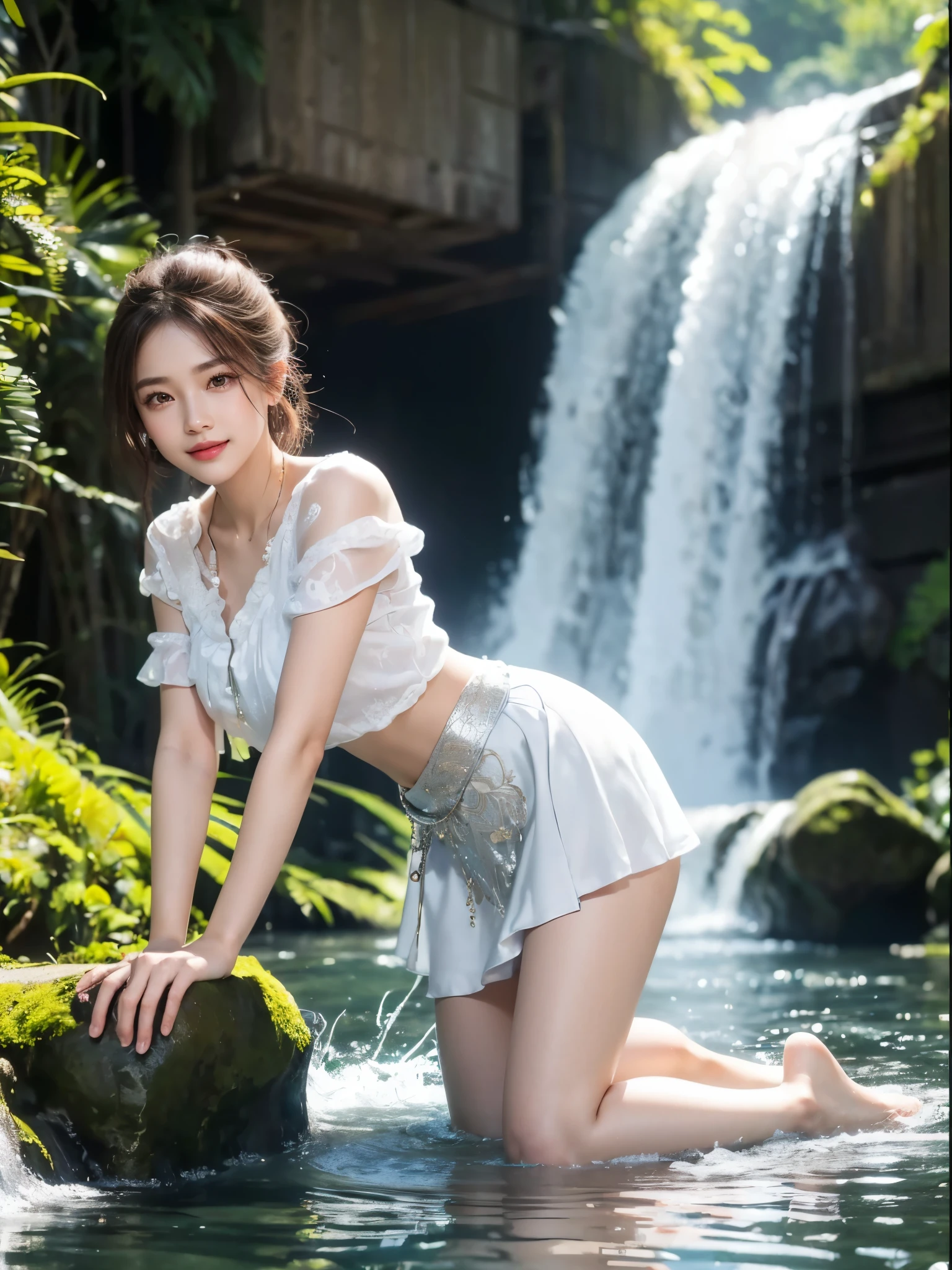 8k, masterpiece, RAW photo, best quality, photorealistic, extremely detailed CG unity 8k wallpaper, Depth of field, Cinematic Light, Lens Flare, Ray tracing, (extremely beautiful face, beautiful lips, beautiful eyes), intricate detail face, ((ultra detailed skin)) 1girl, ((Beautiful Silky satin Violet T-shirt )), ((Beautiful Silky satin Violet Above knee length skirt)), in the dark, deep shadow, pretty korean girl, kpop idol, 1 girl, (very slim slender fit-muscled body:1.3), ((looking at viewer)),(big smile:1.3), (fashion city night, dark night, (neon sign), (blurred background), fashion street night),(without people in the background:1.3), beautiful earrings, bracelets, necklace, pantyhose, clear eyes, (pale skin), (big eyes), face forward, ((upper body shot)), (looking at viewer:1.3) very slim, medium breasts, (Ultra-realistic, gazing at viewer), (hight resolution), (8K), (ighly detailed), (Brown hair, short-hair), (Show the navel), (Slim body)
