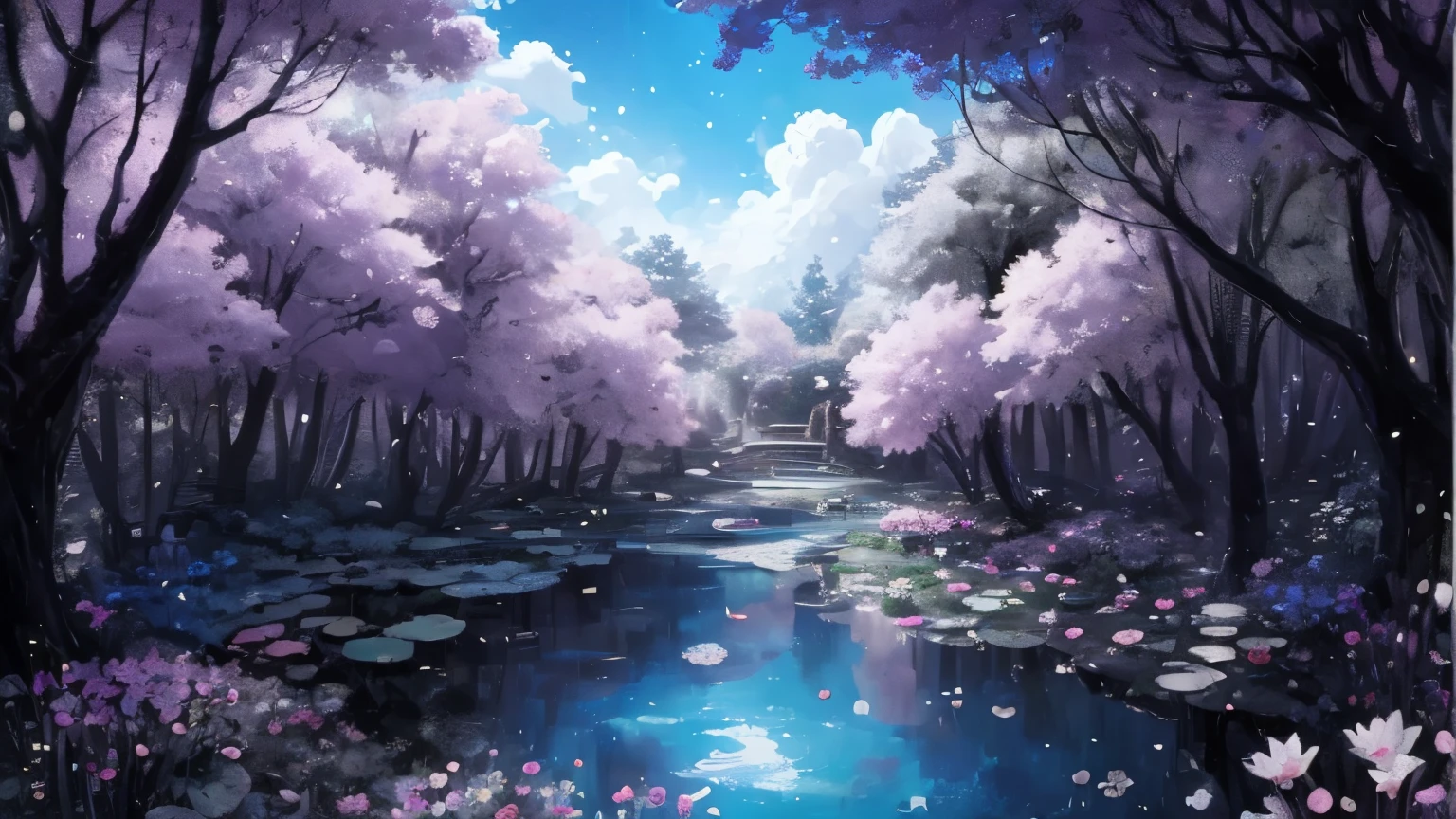 Painting of a garden with a pond and a viewing platform, Flower Environment, magical environment, Magical realm, Beautiful peace scene in anime, dreamy psychedelic anime, A paradise like a fairyland, colorful concept art, colorful anime movie background, magical world. colorful, fairyland forest, magical fantasy forest, Drawn at Anime Painter Studio, magic background, Lose yourself in a dream-like fairytale landscape