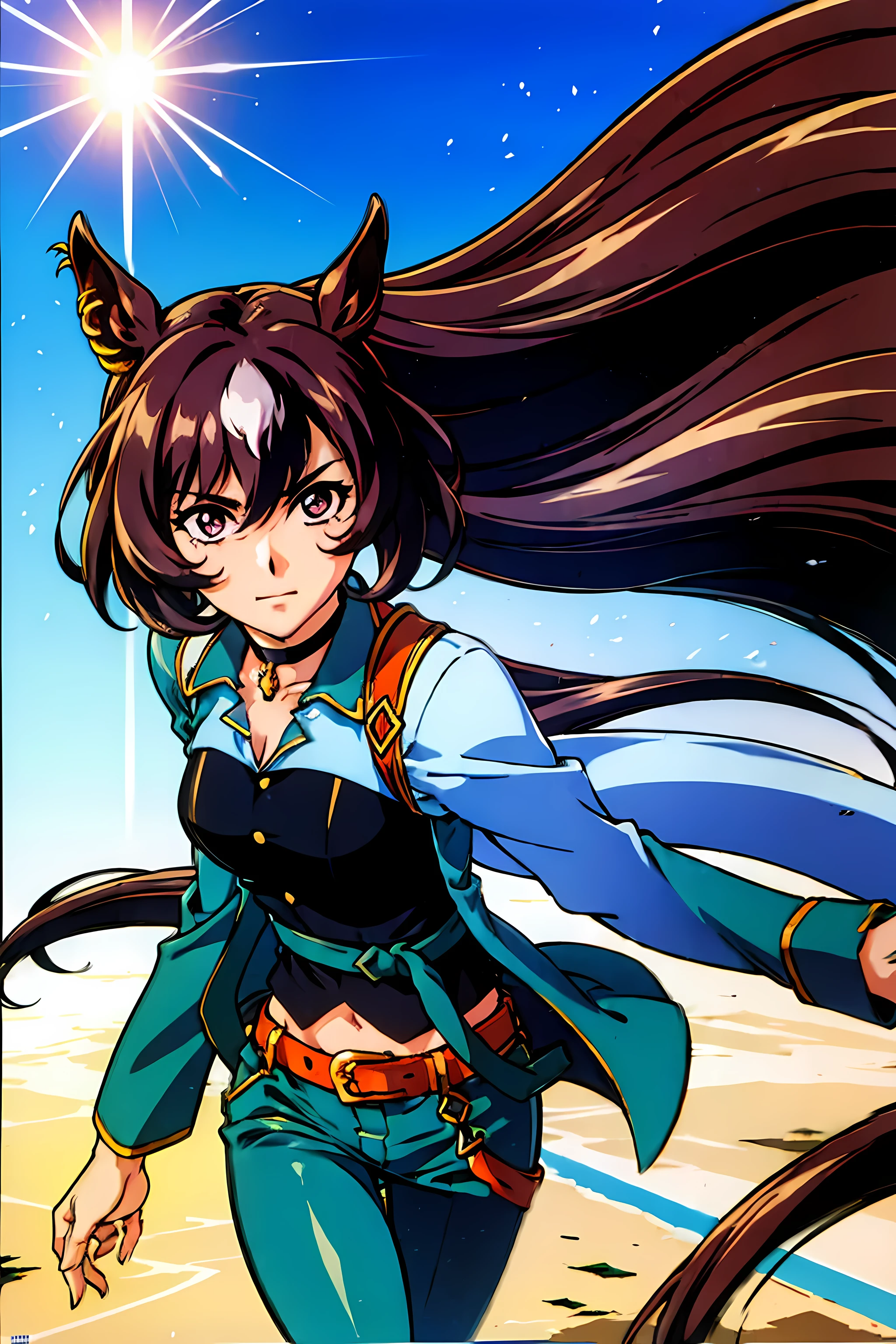 (highest quality:1.3),(ultra-be familiar with:1.5),High resolution,extremely be familiar with CG,unity 8k wallpaper,official art,be familiar with,super be familiar with skin,perfect anatomy,beautiful be familiar with eyes,(anime screenshot:1.11),very delicate and beautiful,(90s anime,90s anime style,cel shaded anime:1.17),1 girl,alone,anmnr, ((sirius symboli:1.52)),(horse ears, horse tail,green jacket, collared shirt, fingerless gloves, green pants, choker, belt:1.17),I furrowed my brow., (shining eyes),blends well with the eye,blends well with the eye,focus of the eye,(Carefully crafted brilliance, sky blue lens flare:1.7),(expression of joy:1.51),octane rendering,rain弓 paint drop,Woman made of paint,Full Paint,(movie background),splat,splash,dark and blurry background,close,(best writing, very delicate and beautiful),Detailed beautiful shine,(soft light:1.2),(soft money tone lighting),Warm and soft lighting,dramatic light,((cinematic light)),ambient occlusion,ambient light,violently,powerful,Absolutely eye-catching splashes of color,((caustic)),raytraced reflections,light shines,(running:1.1), written boundary depth, outdoor, (running),beautiful face, intense lighting),to be born, dramatic light,violence everywhere,(expression of joy:1.4), (Raging Eyes:1.2), ),spell magic, magic circle, ((Put magic in your hands)),(use light magic:1.14),imaginative overlays, artistic fusion,great scene, exciting story, impressive visuals, ((motion trajectory effect)), spiky hair,, superhero, run at lightning speed, Leave a trace of your movements, MotionTrail, Speed Effect, drive through the grassland, Speed Trace, Super Speed Power,