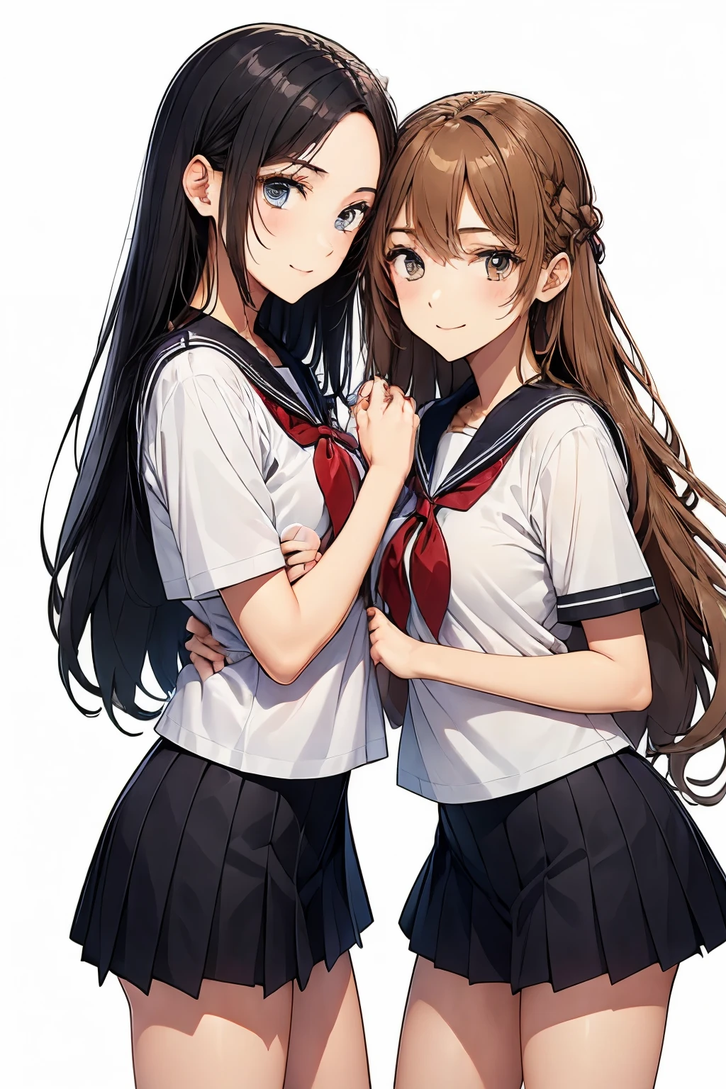 Two high school girls hugging each other、seductive smile、