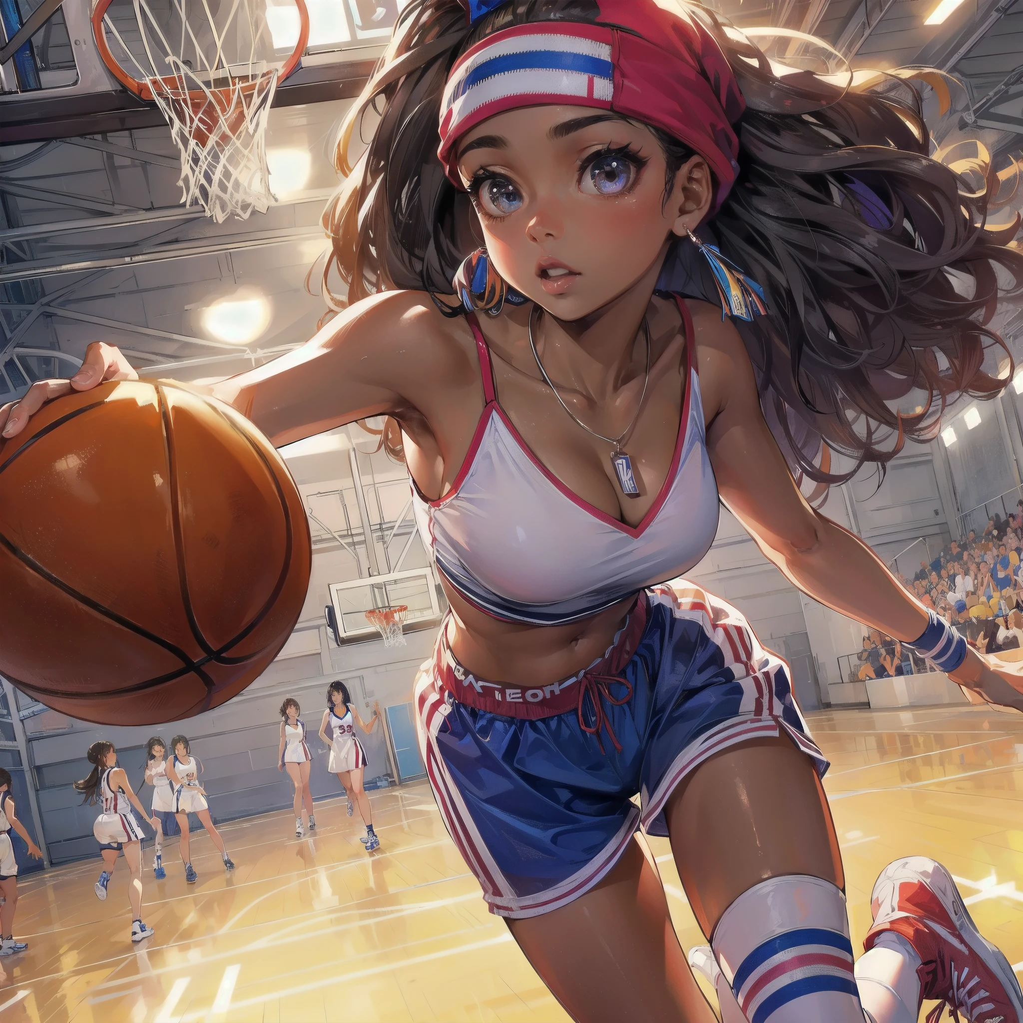 high quality,HD,16k,sharp lines,1 girl,Female basketball athlete ,cute face, large breasts, nice legs,At the basketball venue,focus girl,detailed beautiful face,detailed clothes,beautiful eyes,cool,dynamic angle