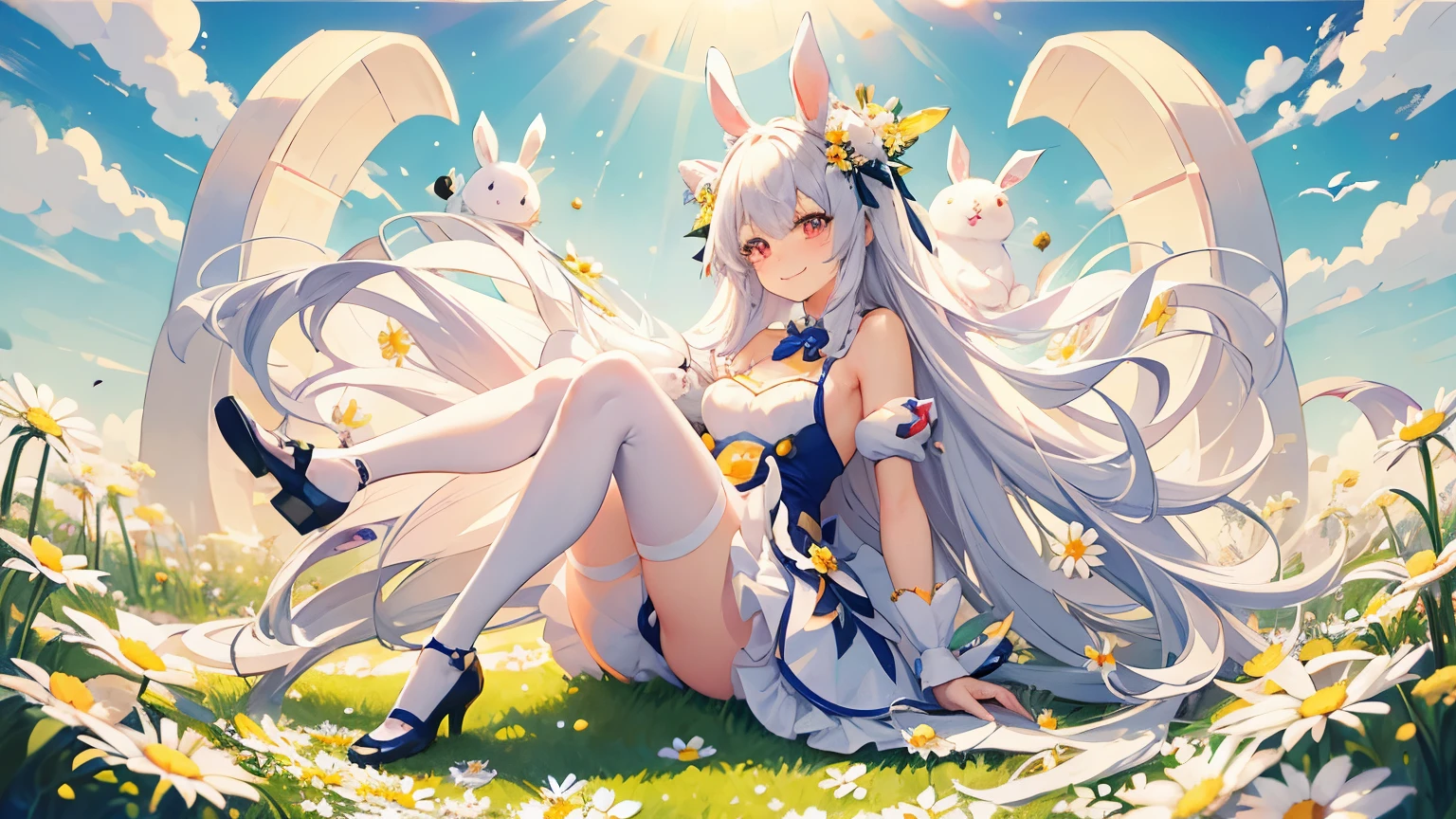 Fullbody shot, a cute Bunny girl, with long white hair, smiling happily, holding an Easter Egg, a cute creature with large, expressive eyes, combining the charm of a girl and a bunny, with a bunny shoes, sorrounded by many daisies flowers, ethereal, surreal, phantasm, high quality