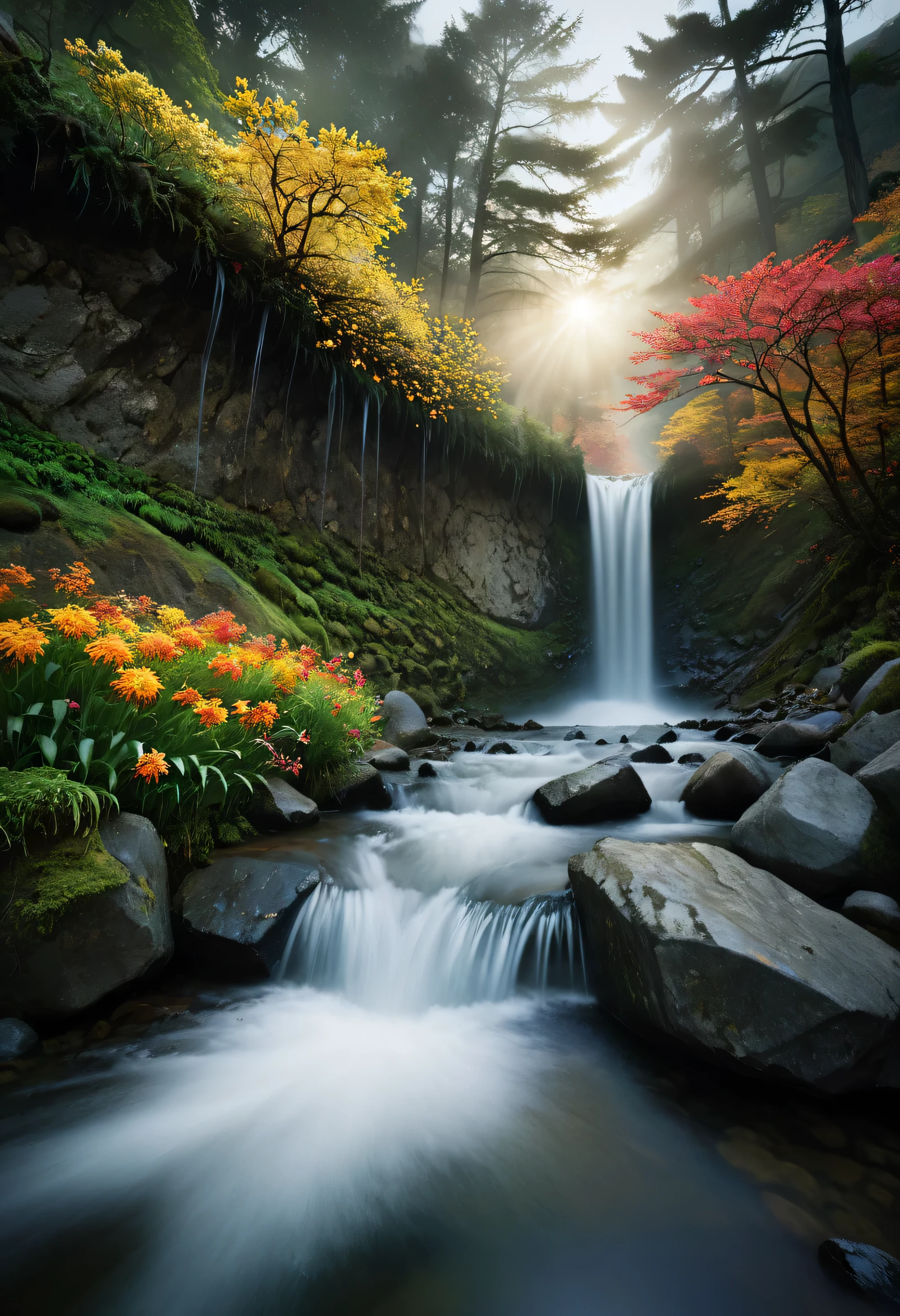 landscape photography, long exposure, Fall, Takayama, running water, flowers, National Geographic Photos, nathan wirth, Realism, Verism, cinematic lighting, backlighting, wide shot, from below, Wide-Angle, f/1.8, 35mm, Nikon, UHD, masterpiece, anatomically correct, textured skin, high quality, high details, super detail, award winning
