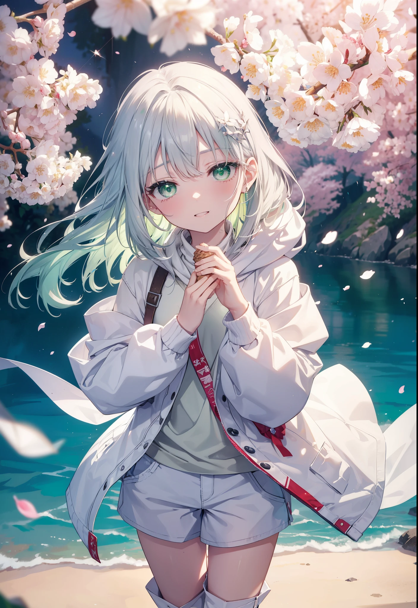 index, index, (green eyes:1.5), silver hair, long hair, (flat chest:1.2),happy smile, smile, open your mouth,White Long Hoodie,shorts,white pantyhose,Mini Boots,He has a soft serve ice cream in his right hand.,ソフトクリームを食べ歩きしているsilver hairの少女,cherry blossoms are blooming,Cherry blossoms are scattered,The cherry blossom tree-lined road is broken, looking at viewer, Upper body, whole body,
break outdoors, Destroy the park (masterpiece:1.2), highest quality, High resolution, unity 8k wallpaper, (figure:0.8), (detailed and beautiful eyes:1.6), highly detailed face, perfect lighting, Very detailed CG, (perfect hands, perfect anatomy),