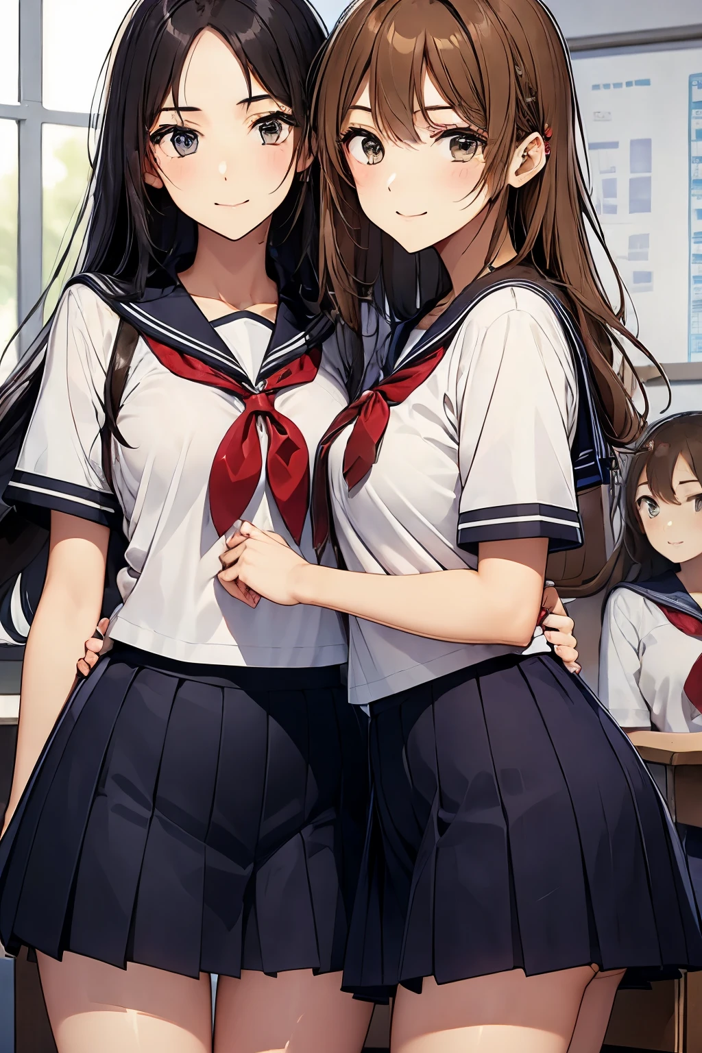 Two high school girls hugging each other、seductive smile、classroom