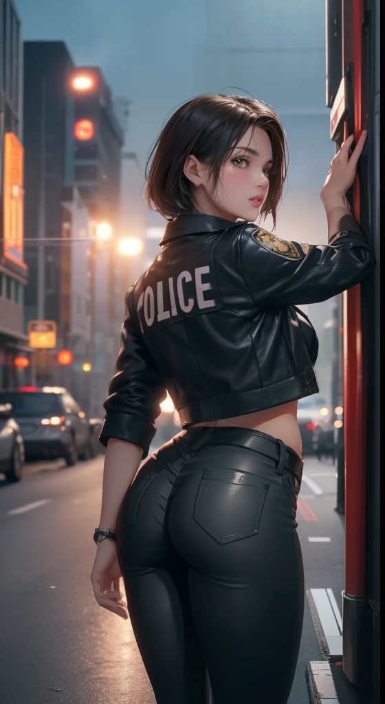 Prompts for creating high-quality images of beautiful female models with Natorp&#39;portrait style, Looks like Georgia Fowler, neat and well-groomed face, Short dark brown hair, in cyberpunk city at night. She is wearing a leather jacket, Black jeans, and dramatic lighting. police badgeの詳細をより強調して追加してください (police badge:1.2) To check its presence in the generated image. Start a prompt using a tag (Best Quality, 4K, 8K, hight resolution, masutepiece:1.2), Ultra-detailed, (Realistic, Photorealsiticです, Photorealsitic:1.37) Specify the desired image quality., Long legs, Toned buttocks, ((Hands on the wall, Standing backwards, show off ass)), (Viewed from 10 meters to the right at a 45 degree angle)