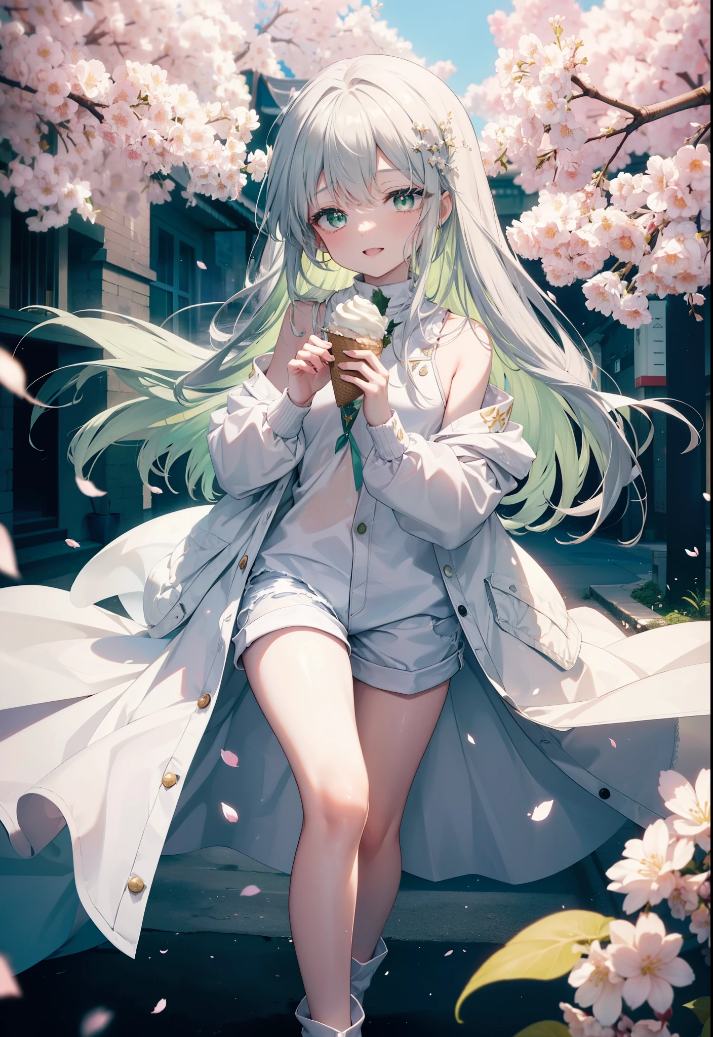 index, index, (green eyes:1.5), silver hair, long hair, (flat chest:1.2),happy smile, smile, open your mouth,White Long Hoodie,shorts,white pantyhose,Mini Boots,He has a soft serve ice cream in his right hand.,ソフトクリームを食べ歩きしているsilver hairの少女,cherry blossoms are blooming,Cherry blossoms are scattered,The cherry blossom tree-lined road is broken, looking at viewer, Upper body, whole body,
break outdoors, Destroy the park (masterpiece:1.2), highest quality, High resolution, unity 8k wallpaper, (figure:0.8), (detailed and beautiful eyes:1.6), highly detailed face, perfect lighting, Very detailed CG, (perfect hands, perfect anatomy),