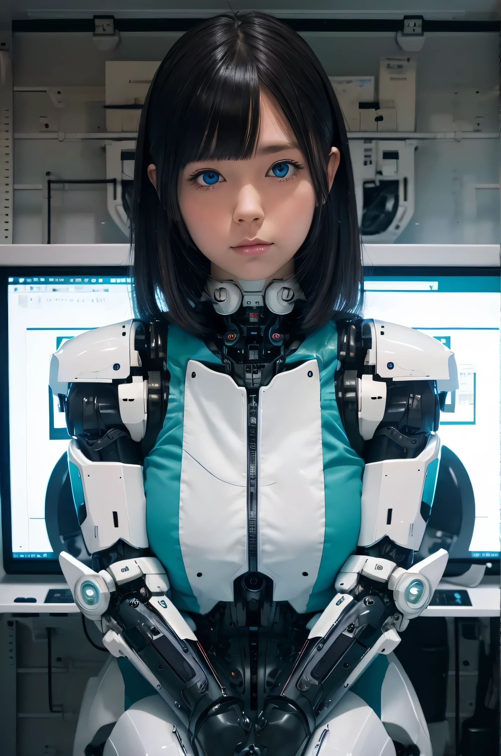 masterpiece, Best Quality, Extremely detailed, 8K Portrait,Japanese android girl,Plump,control panels,android,Droid,Mechanical Hand, ,Robot arms and legs, Black hair,Mechanical body,Blunt bangs,Charging spot,mechanical ear covers,android,robot humanoid,White robot body,mechanical ear covers,White and aqua uniform,aqua accent costume,mittens,blue eyes