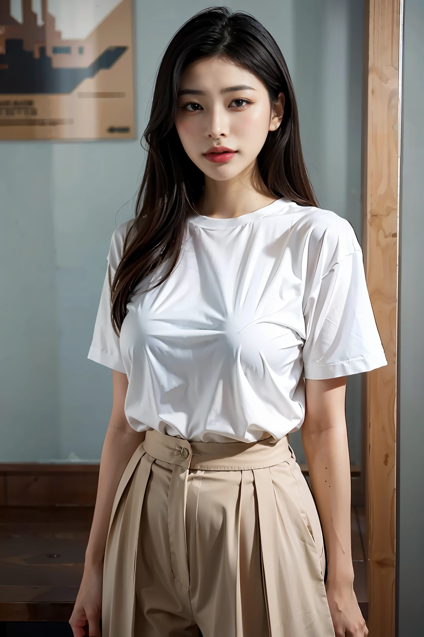 a pretty woman, dressed in white shirt, full body portrait, nice perfect face with perfect face, hyper realistic concept, 8k resolution, photography quality, posing for a photo, photo realistic,