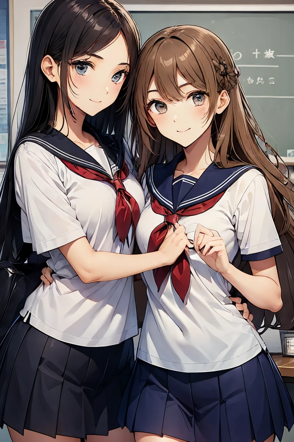 Two high school girls hugging each other、seductive smile、classroom